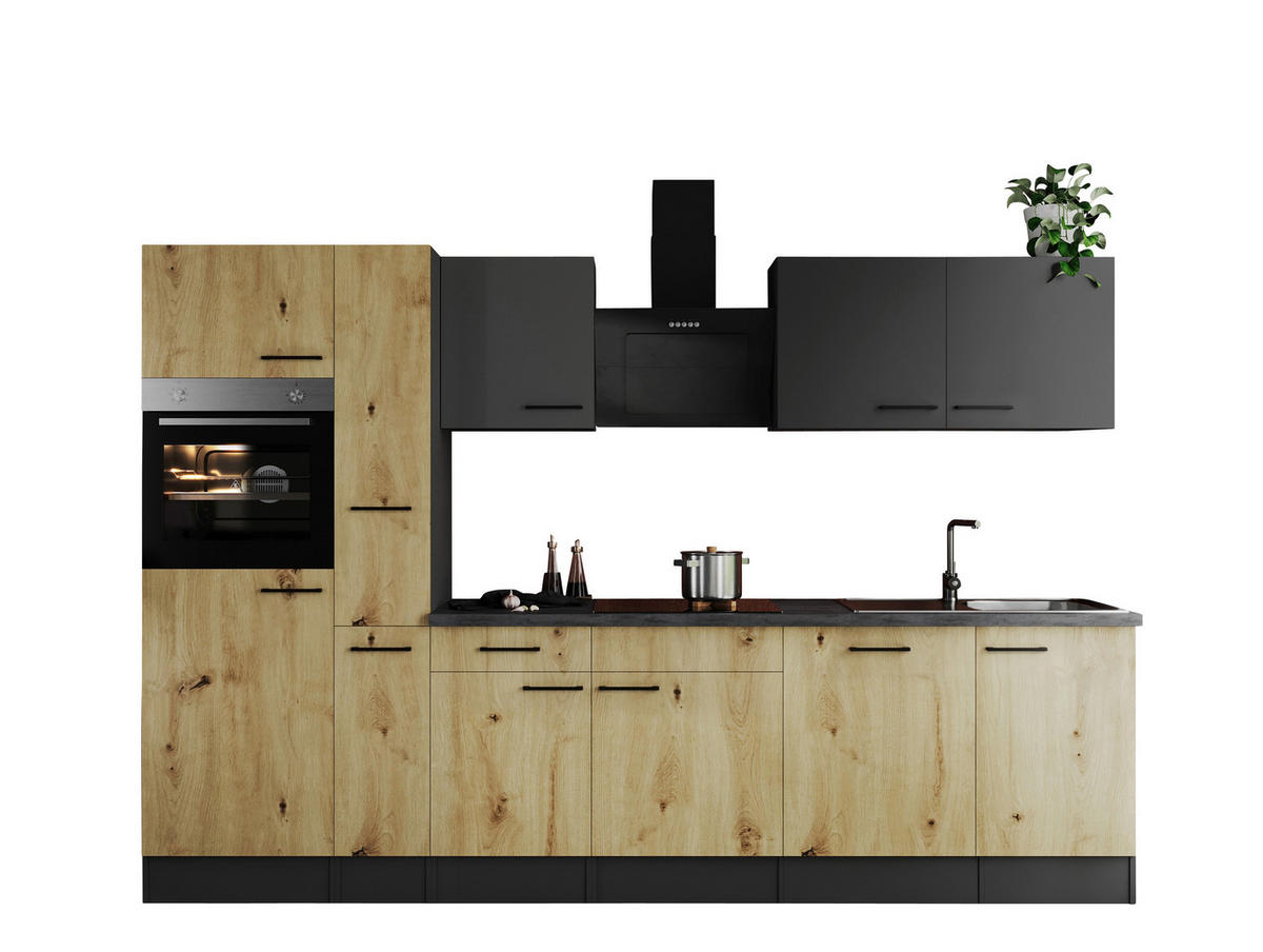 KÜCHENBLOCK 310 cm   in Grau, Eiche Artisan  - Schwarz/Eiche Artisan, Design, Holzwerkstoff/Metall (310cm) - Respekta