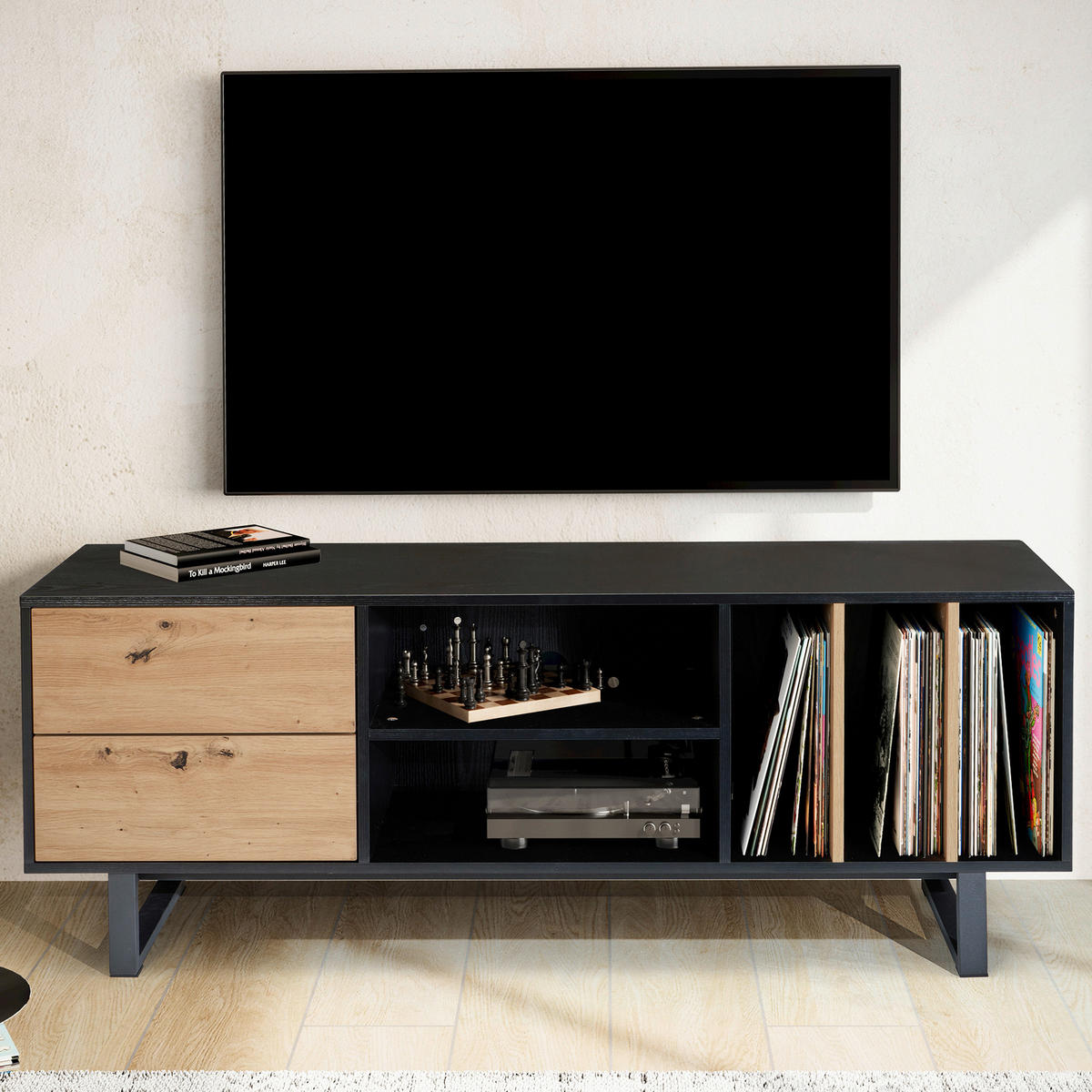NÍZKÁ KOMODA, černá, 150/55/40 cm - černá/barvy dubu, Design, kov/kompozitní dřevo (150/55/40cm) - Livetastic