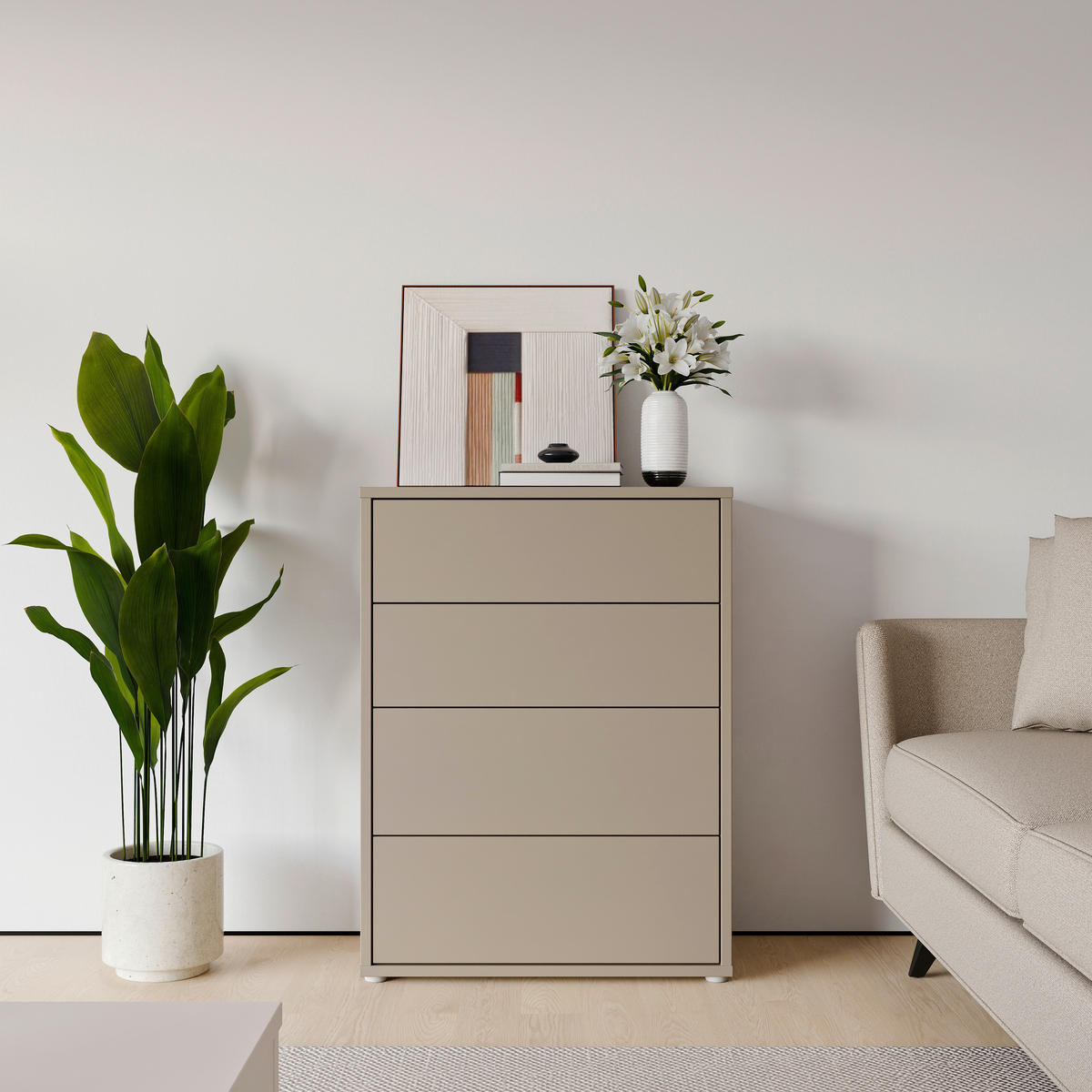 KOMMODE , 75/99/35 cm, 4 Schublade(n)  - Taupe/Silberfarben, Trend, Holzwerkstoff/Kunststoff (75/99/35cm) - Carryhome