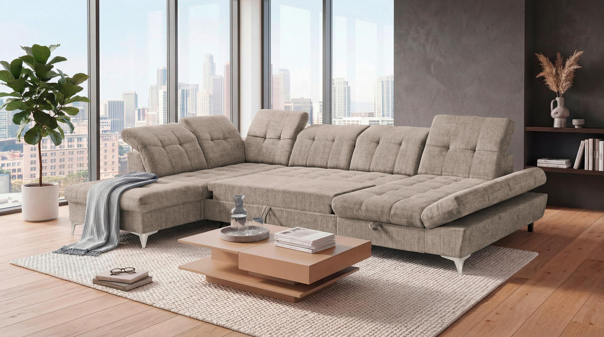 WOHNLANDSCHAFT Mikrovelours Beige  - Kaschmir/Beige, Modern, Kunststoff/Textil (245/348/168cm) - MID.YOU