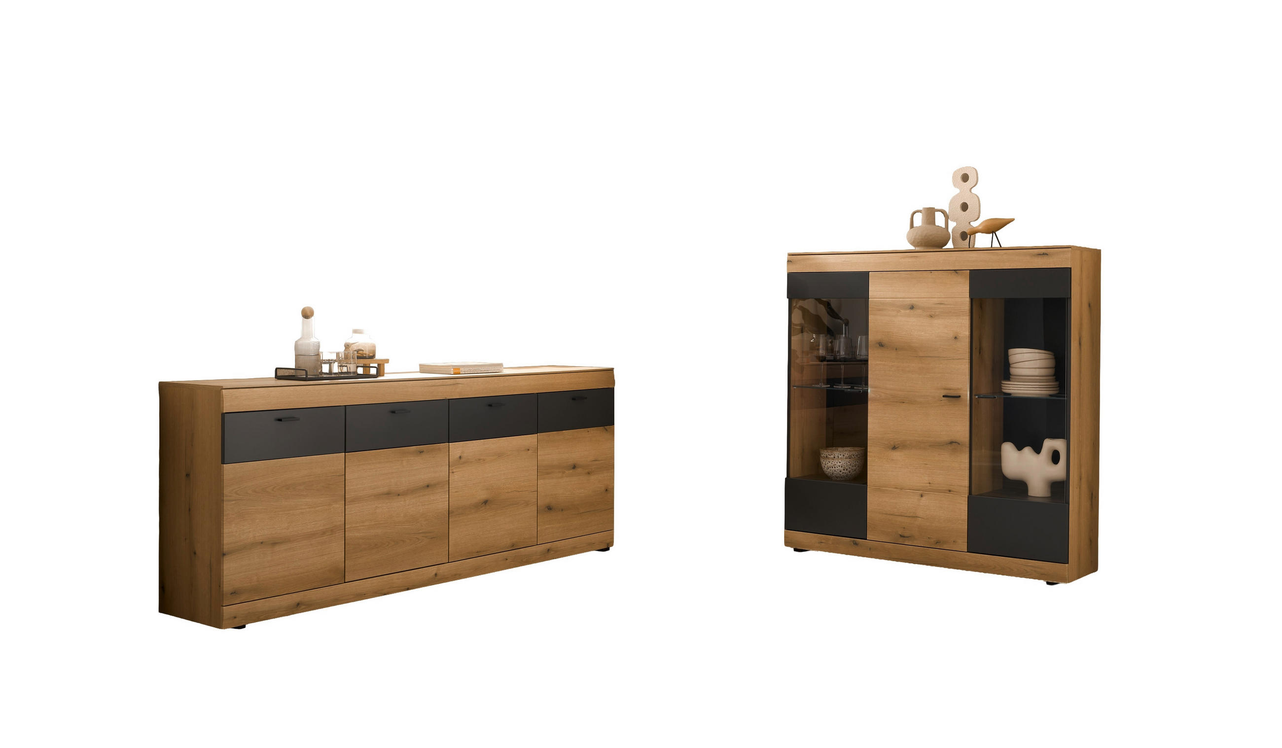 WOHNWAND 2-teilig  in Graphitfarben, Eichefarben   - Eichefarben/Graphitfarben, Design, Glas/Holzwerkstoff - MID.YOU
