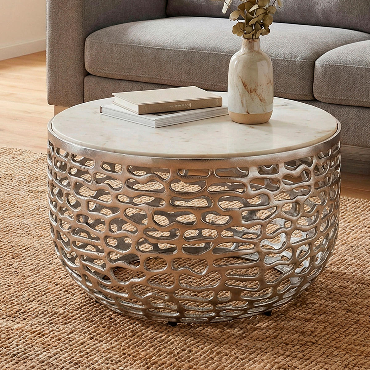 COUCHTISCH 60/60/35 cm rund Silberfarben  - Silberfarben, Design, Stein/Metall (60/60/35cm) - Livetastic