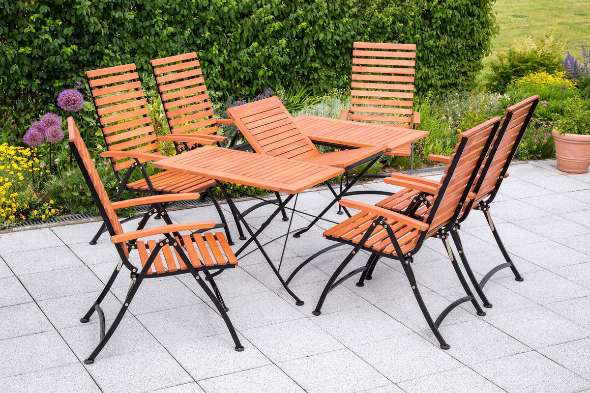 GARTENTISCHGRUPPE EukalyptusholzHartholz Stahl  - Schwarz/Naturfarben, KONVENTIONELL, Holz/Metall - Gardenson