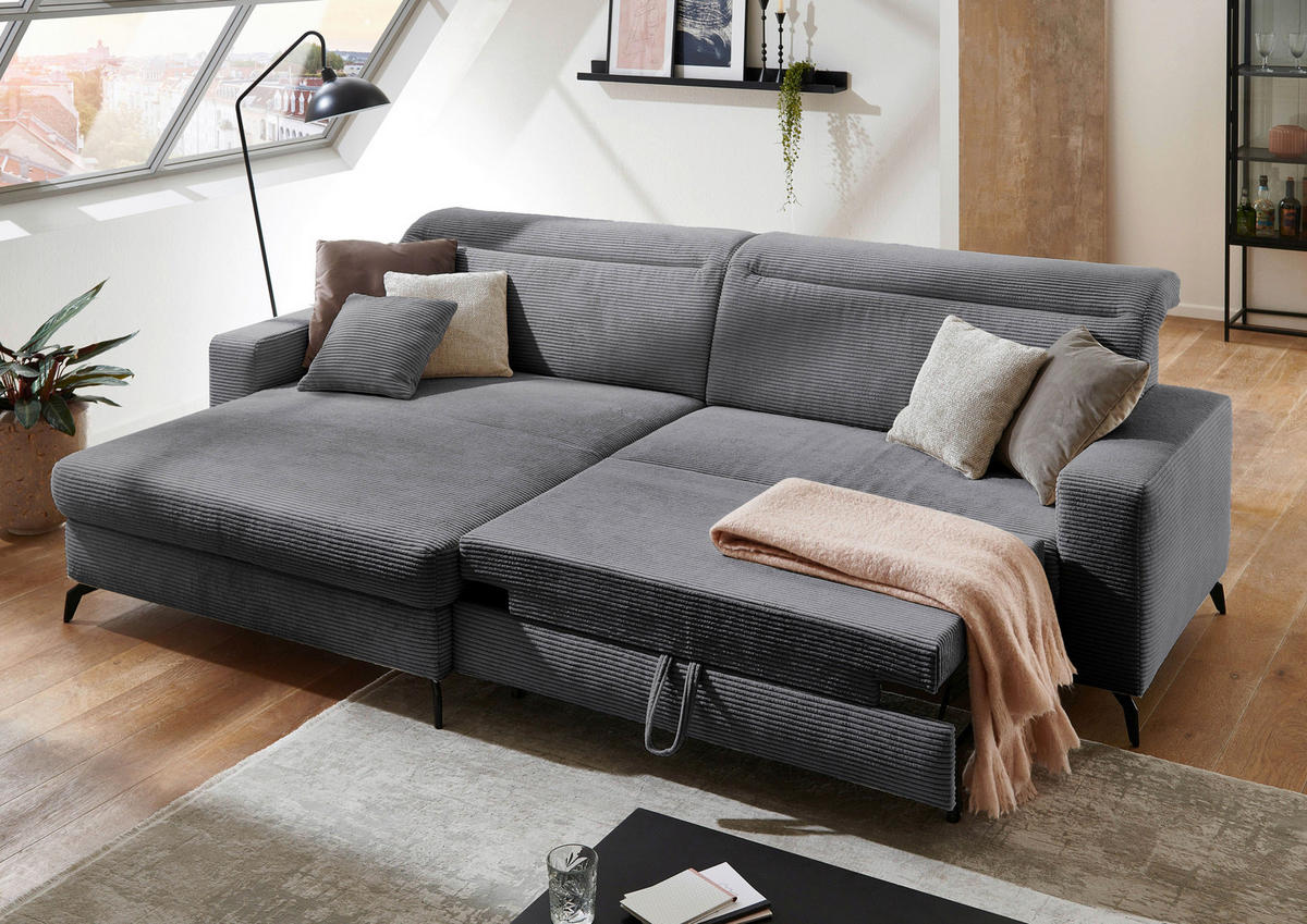 ECKSOFA in Cord Grau  178/290 cm  - Schwarz/Grau, KONVENTIONELL, Textil/Metall (178/290cm) - Sit & More
