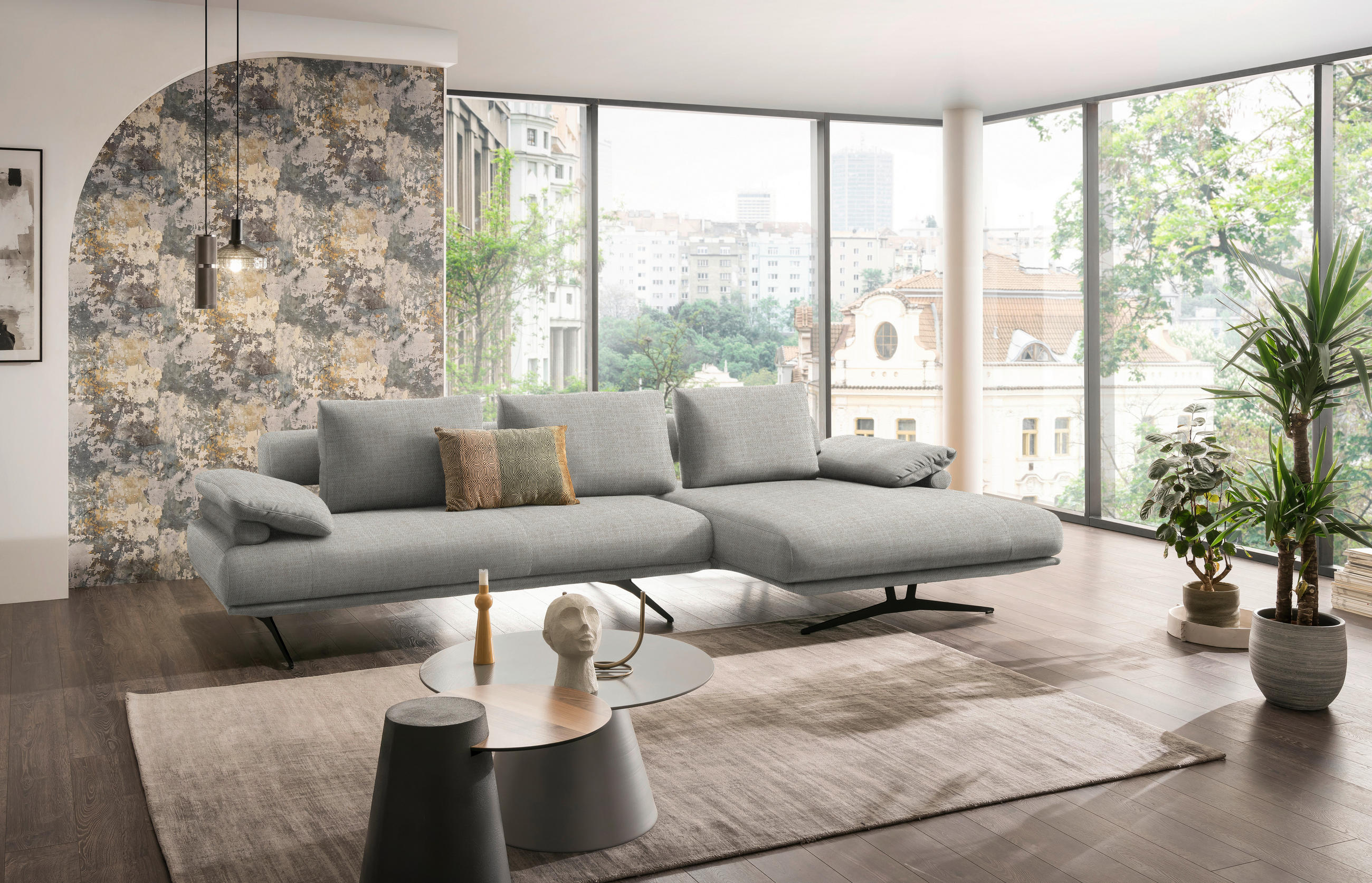 ECKSOFA in Chenille Ecru  - Ecru/Schwarz, Design, Textil/Metall (334/168cm) - Dieter Knoll