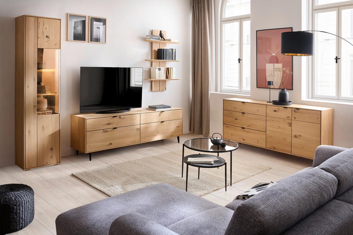 WOHNWAND  in Eichefarben 267/205/50 cm  - Eichefarben/Schwarz, Natur, Glas/Holz (267/205/50cm) - Cantus