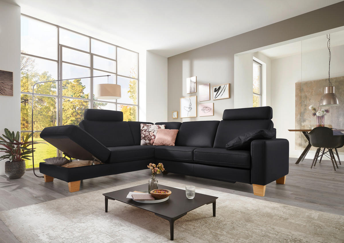 ECKSOFA in Echtleder Schwarz  - Eiche Bianco/Schwarz, Konventionell, Leder/Holz (235/257cm) - Valdera