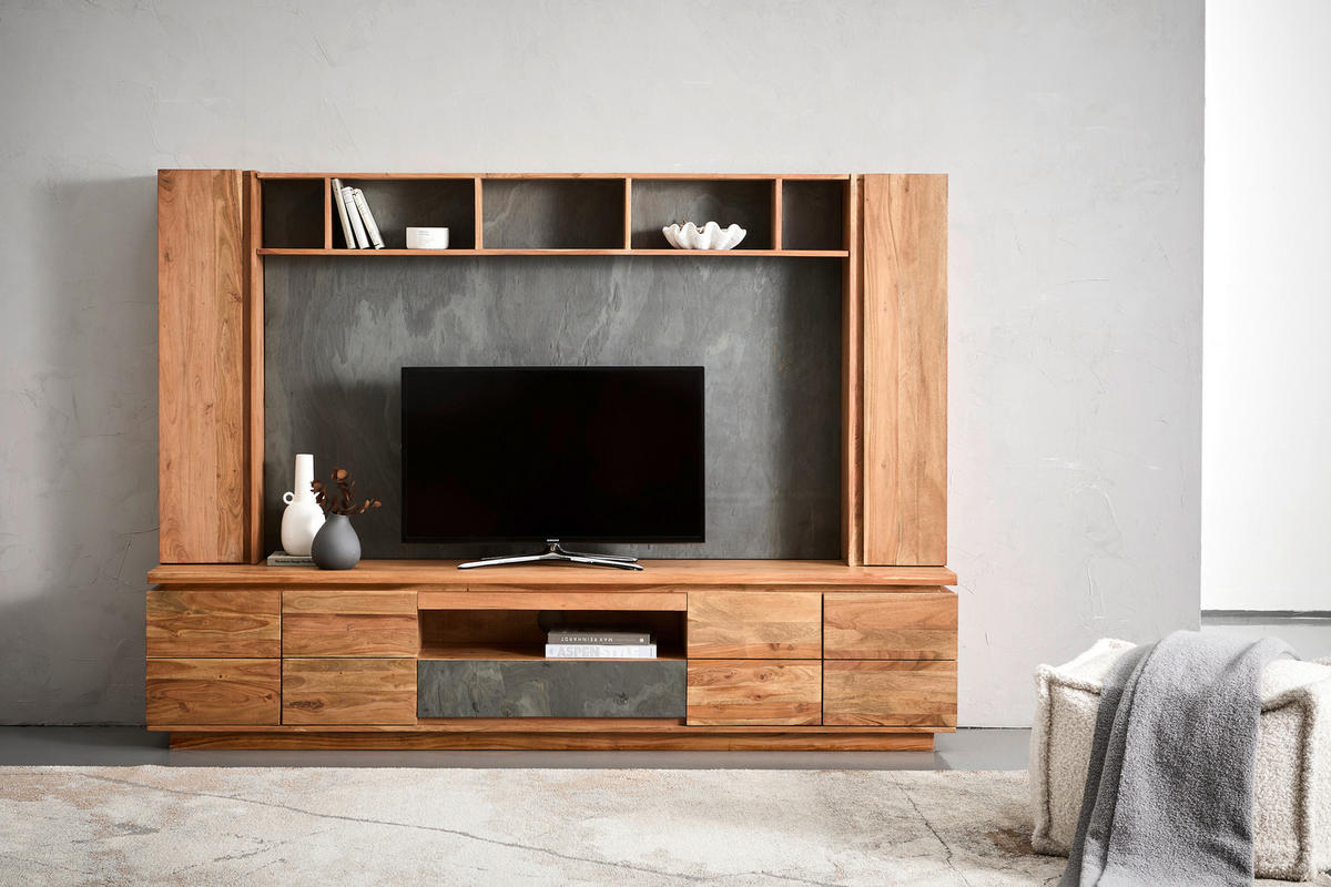 WOHNWAND 4-teilig  in Grau, Akaziefarben  240/173/40 cm  - Akaziefarben/Grau, KONVENTIONELL, Holz/Stein (240/173/40cm) - Livetastic