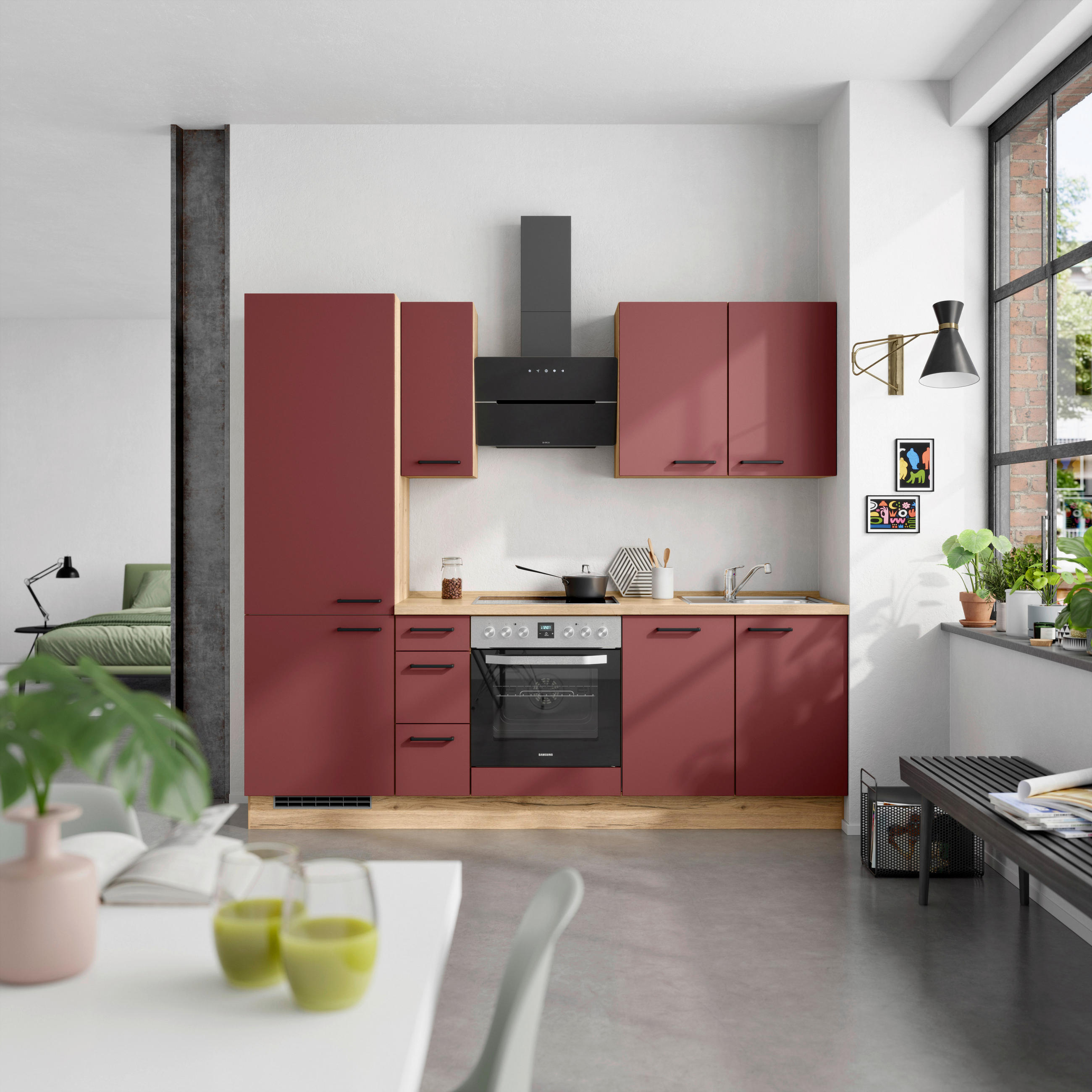 KÜCHENLEERBLOCK 240 cm   in Rot, Eichefarben  - Eichefarben/Rot, MODERN, Holzwerkstoff/Metall (240cm) - Nobilia