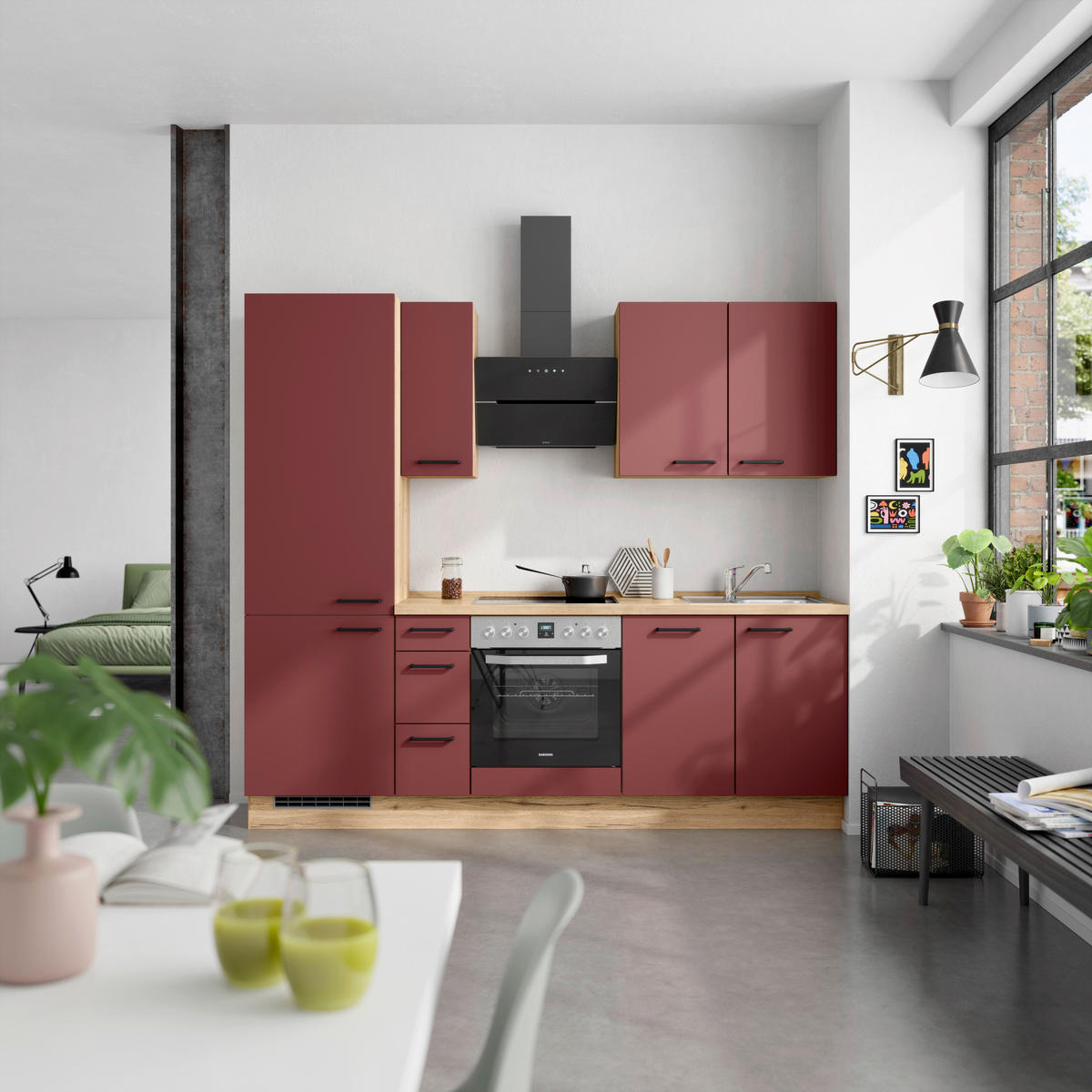 KÜCHENLEERBLOCK 240 cm   in Rot, Eichefarben  - Eichefarben/Rot, MODERN, Holzwerkstoff/Metall (240cm) - Nobilia