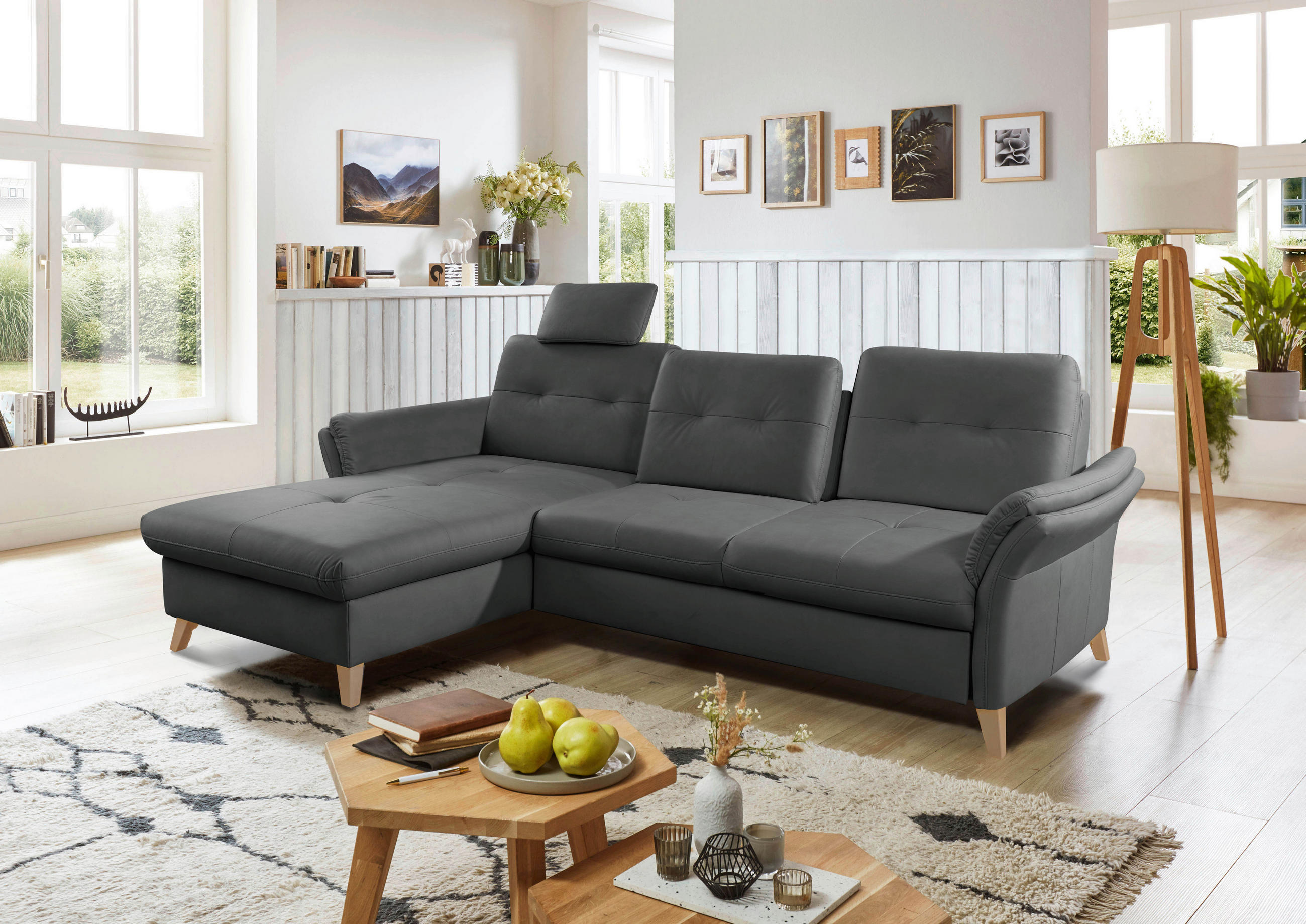 ECKSOFA Schwarz Lederlook (vegan)  - Eichefarben/Schwarz, Design, Holz/Textil (176/268cm) - Livetastic