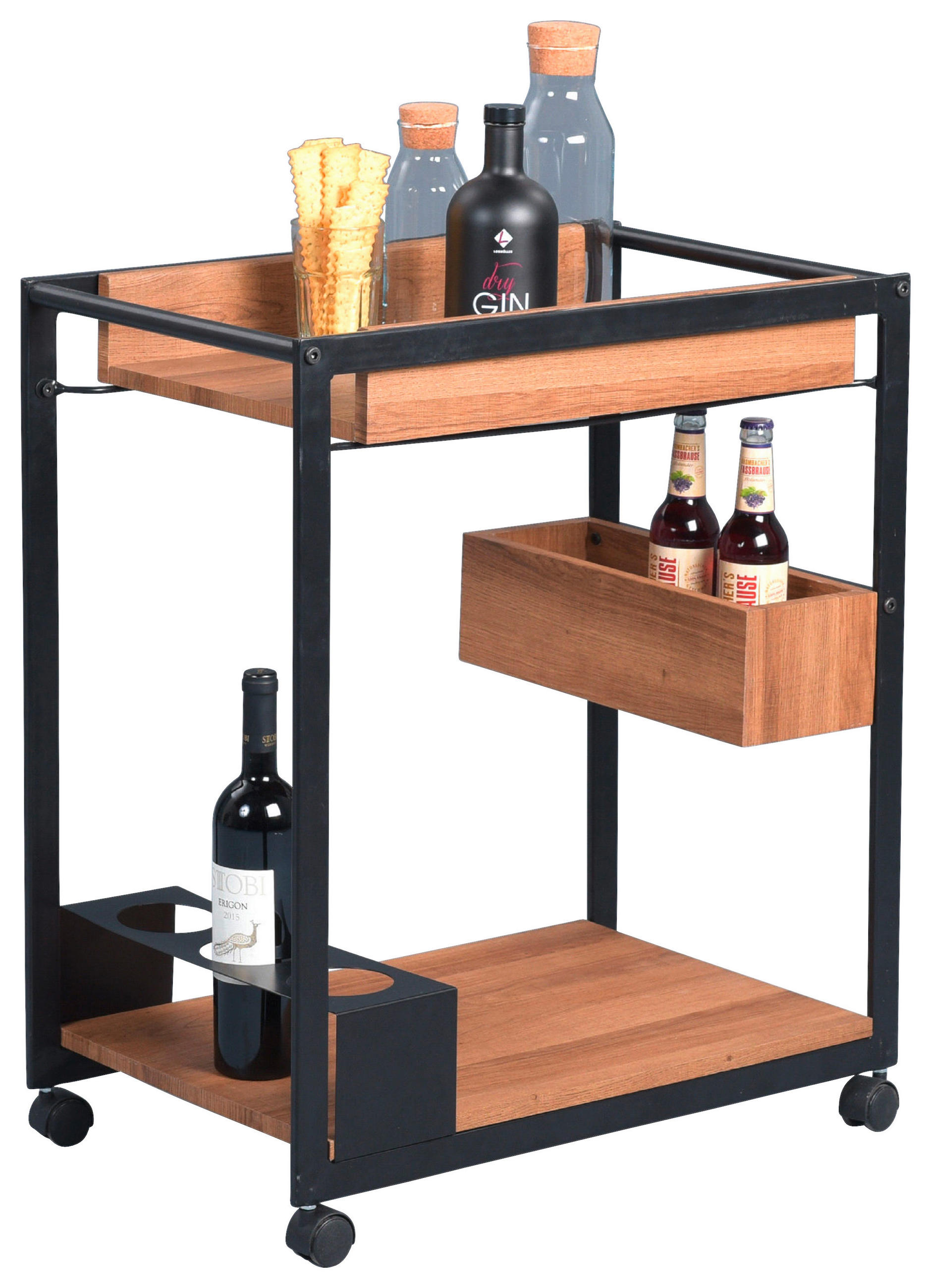 XXXLutz Servierwagen Braun, Schwarz, Eiche 64x73x38 cm