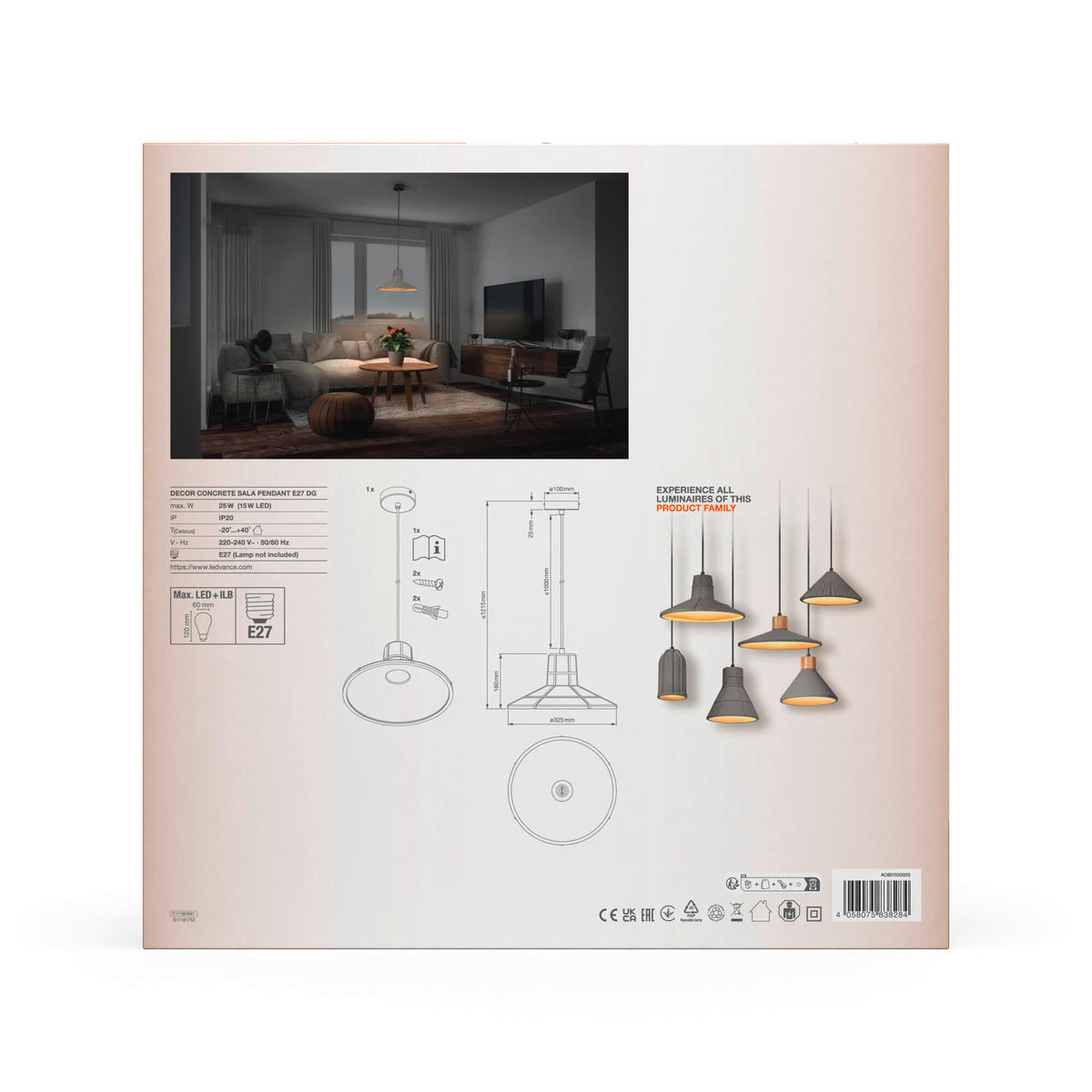 PENDELLEUCHTE 32,5/121,5 cm   - Dunkelgrau, KONVENTIONELL, Stein/Metall (32,5/121,5cm) - Ledvance