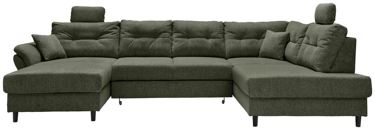 WOHNLANDSCHAFT in Chenille Dunkelgrün  - Dunkelgrün/Schwarz, Modern, Holz/Textil (176/338/206cm) - Livetastic