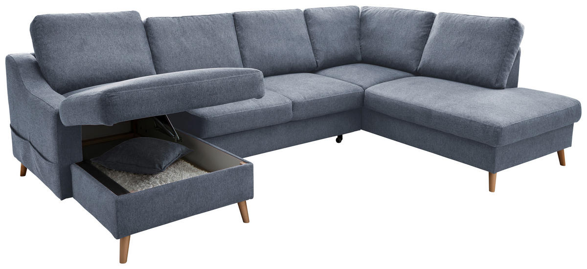 WOHNLANDSCHAFT in Struktur Blau  - Blau/Naturfarben, Konventionell, Holz/Textil (150/301/200cm) - P & B