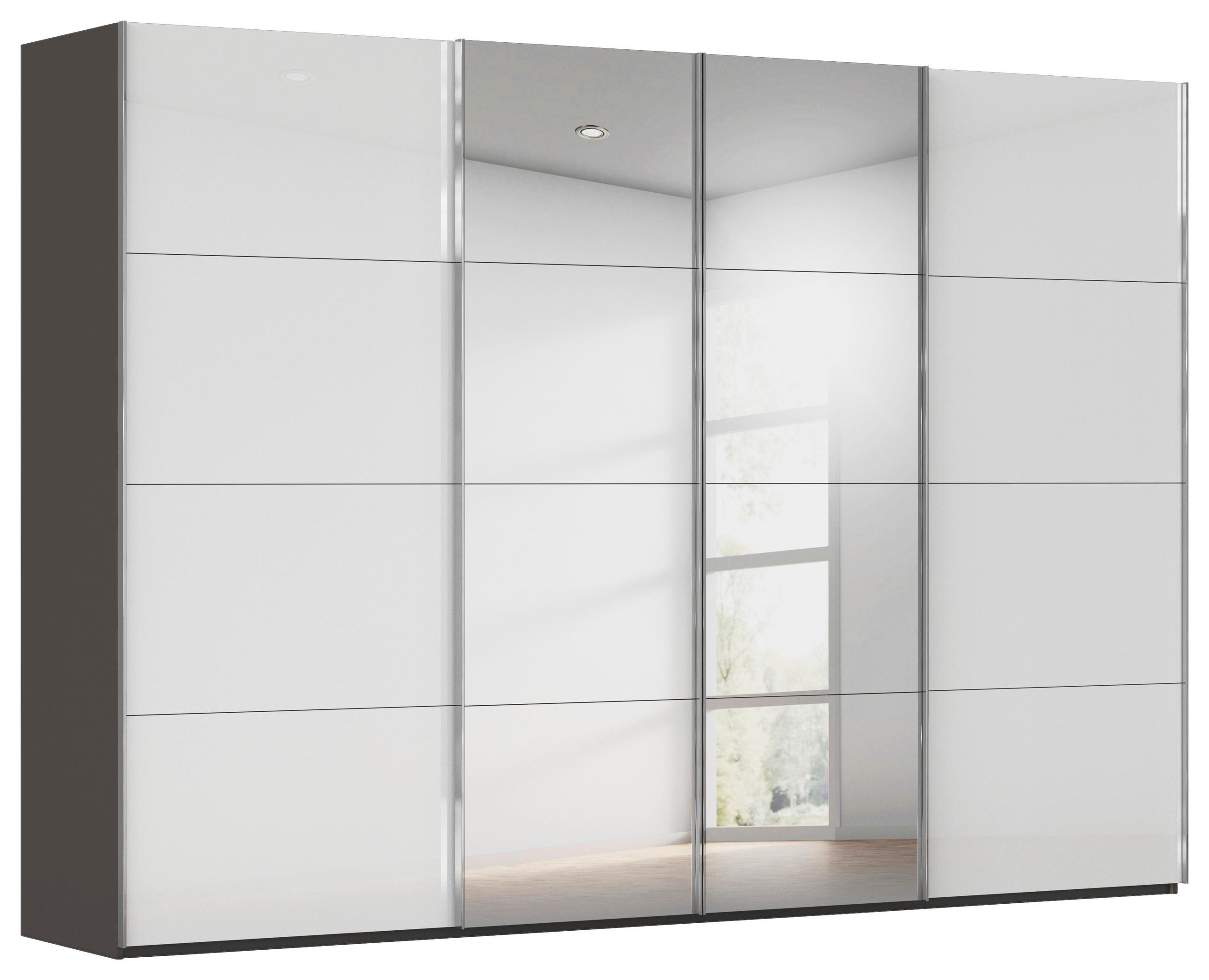 SCHWEBETÜRENSCHRANK Graphitfarben, Weiss  - Chromfarben/Weiss, Design, Glas/Holzwerkstoff (316/223/68cm) - Novel