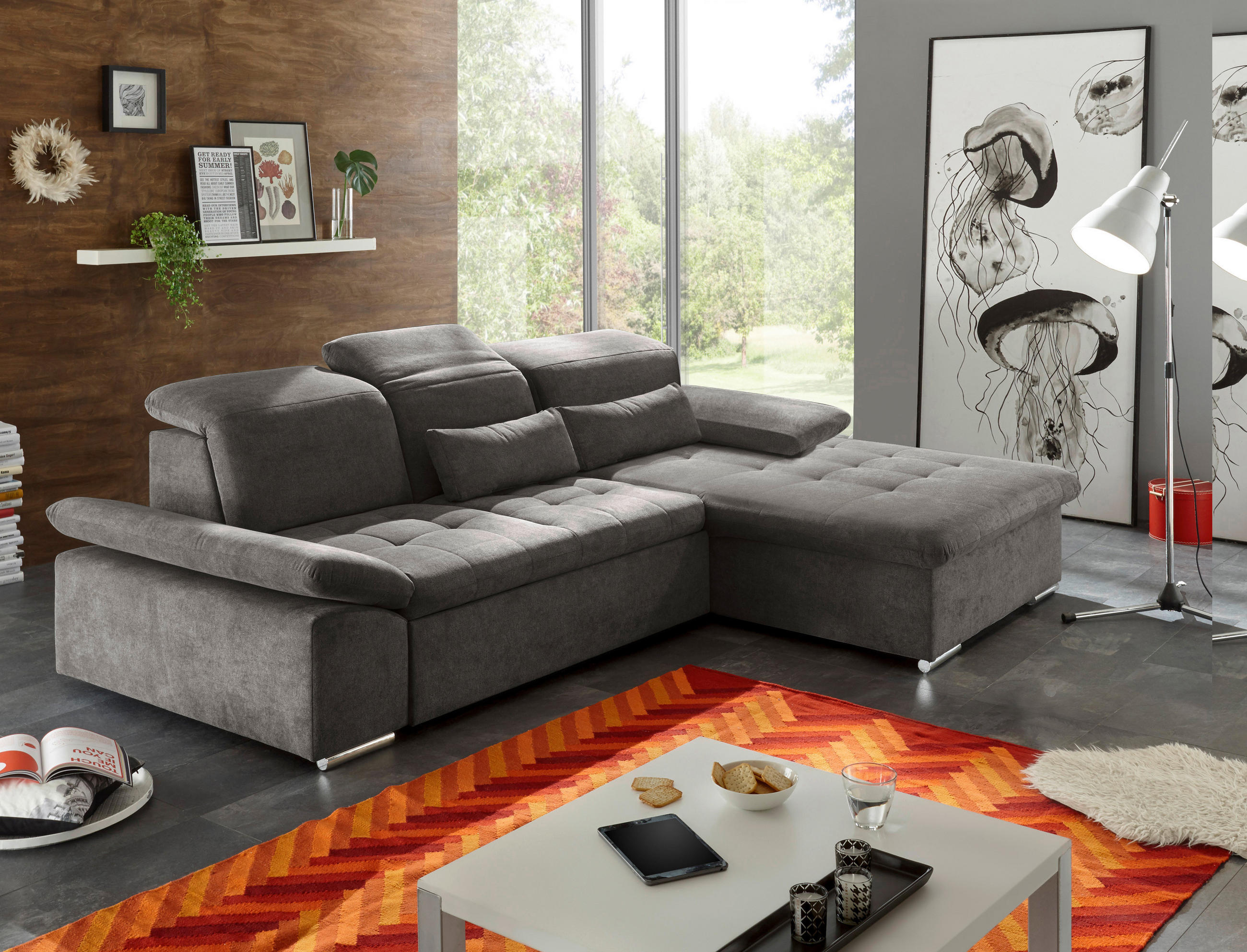 ECKSOFA Dunkelgrau Mikrovelours  - Dunkelgrau/Silberfarben, KONVENTIONELL, Kunststoff/Textil (276/188cm) - MID.YOU