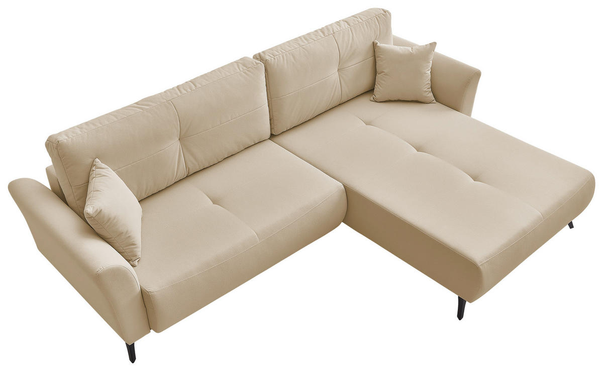 ECKSOFA GEMMA Beige Flachgewebe Zierkissen, Rückenkissen, Bettkasten, Schlaffunktion, Rücken echt, Stauraum  - Beige/Schwarz, Design, Textil/Metall (270/183cm) - P & B