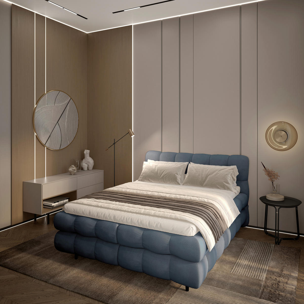 BOXBETT 200/200 cm,  in Blaugrau, gepolstertes Kopfteil, Bettkasten, Topper, H3 + H3 = fest  - Blaugrau/Schwarz, Design, Textil/Metall (200/200cm) - Ti'me