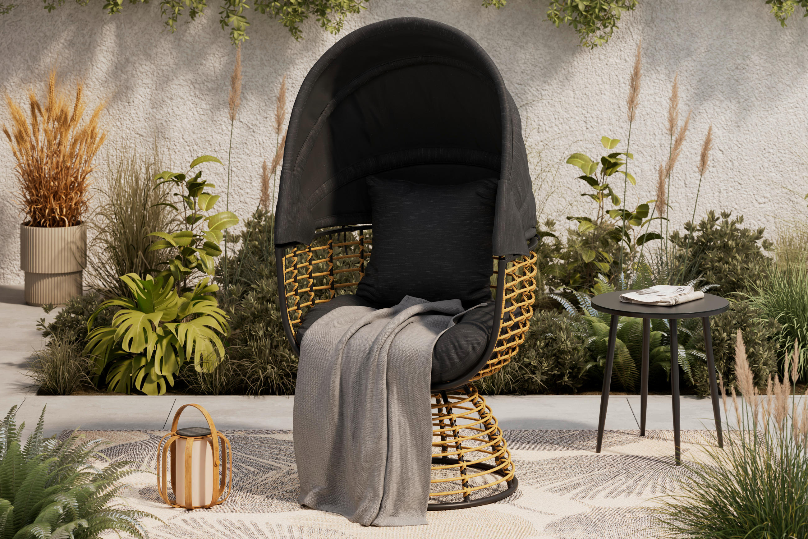 GARTENMUSCHEL 80,5/73/160 cm  - Schwarz/Naturfarben, Basics, Kunststoff/Textil (80,5/73/160cm) - Ambia Garden