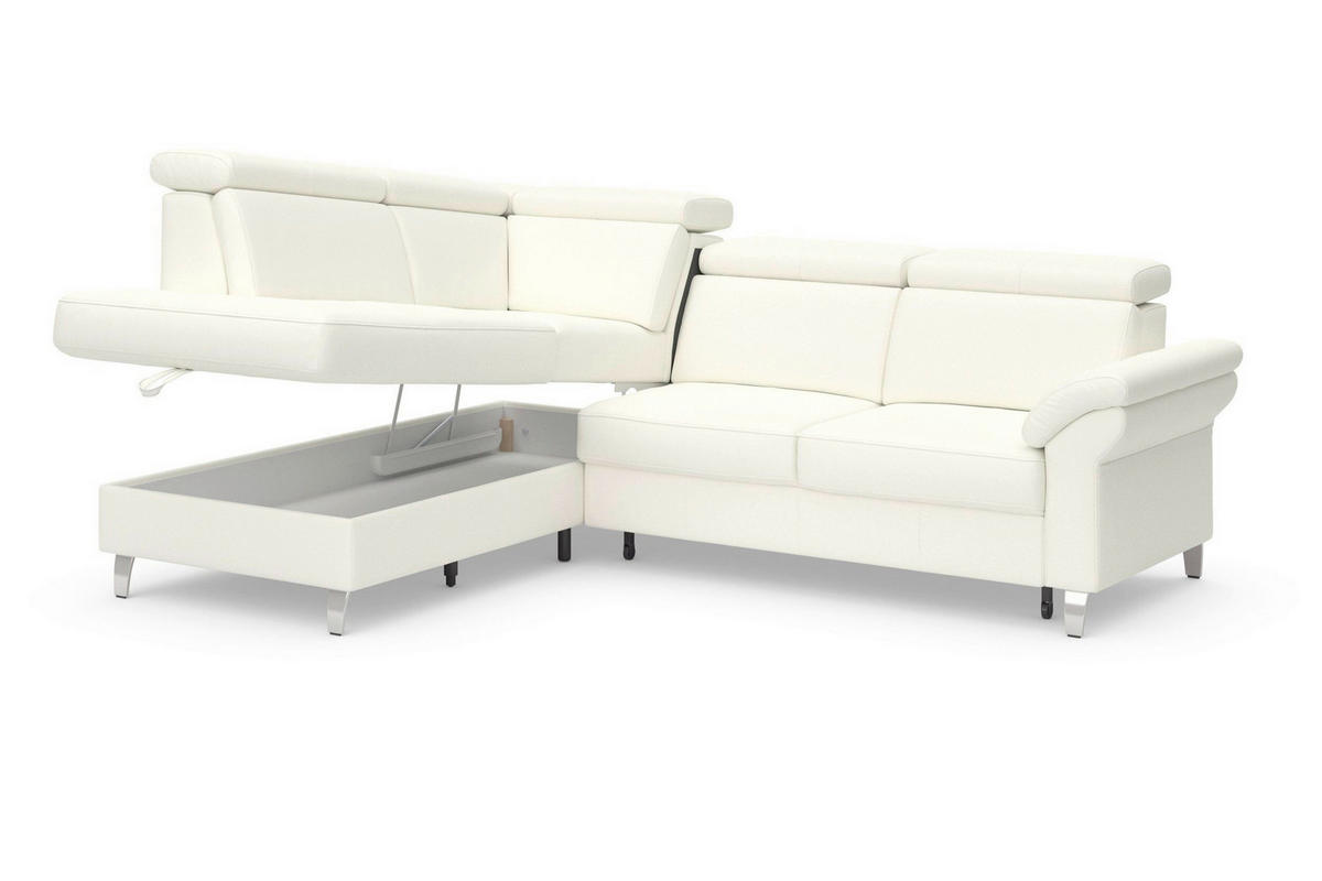 ECKSOFA ARNGAST E Weiß Kombination Echtleder/Stoff Mikrofaser Bettkasten, Kopfteilverstellung  - Chromfarben/Weiß, Basics, Leder/Textil (194/245cm) - Sit & More