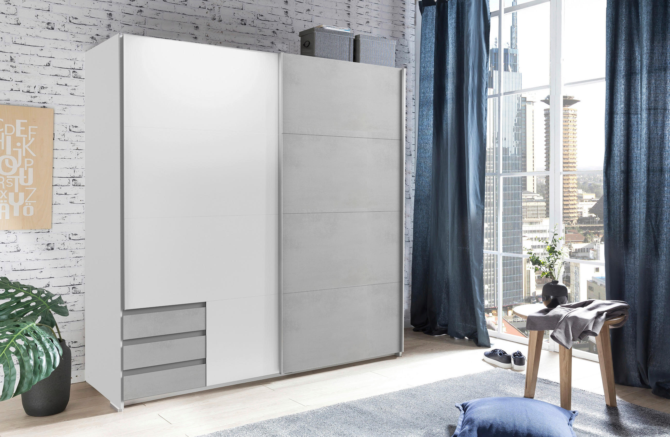 SCHWEBETÜRENSCHRANK 179/198/64 cm 2-türig Weiß, Hellgrau  - Hellgrau/Alufarben, Design, Holzwerkstoff/Metall (179/198/64cm) - Boxxx