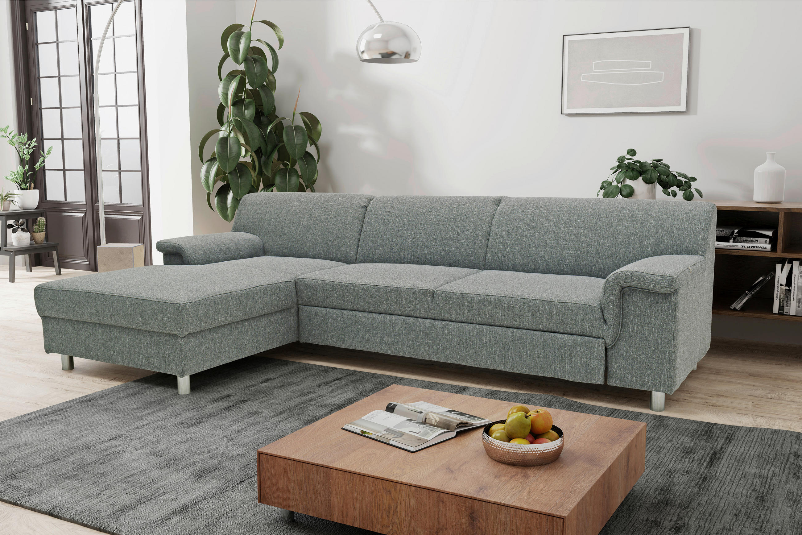 Ecksofa Silberfarben Webstoff  - Chromfarben/Silberfarben, KONVENTIONELL, Textil/Metall (150/251cm) - MID.YOU