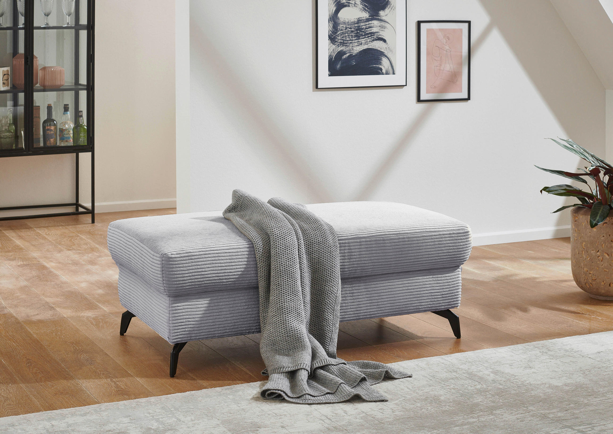 HOCKER Cord Hellgrau  - Hellgrau/Schwarz, KONVENTIONELL, Textil/Metall (121/45/67cm) - Cantus