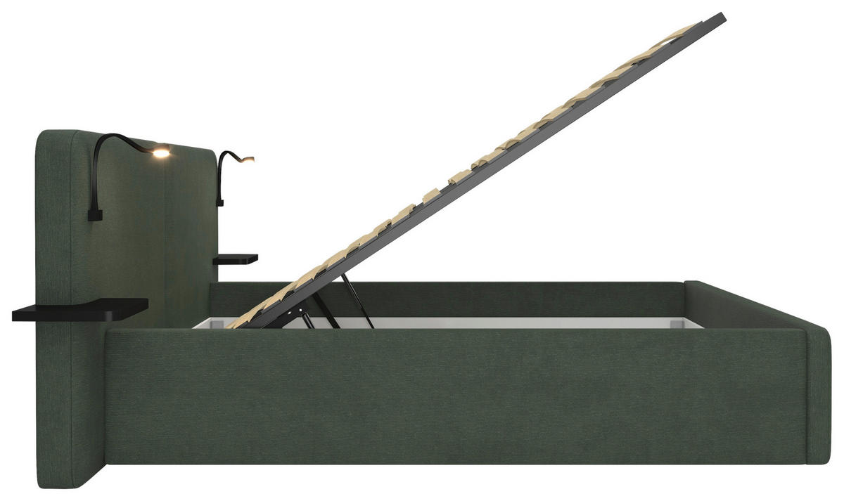 POLSTERBETT 180/200 cm,  in Waldgrün, gepolstertes Kopfteil, Beleuchtung, Lattenrost, H2 + H3 = mittel + fest  - Waldgrün/Schwarz, MODERN, Kunststoff/Textil (180/200cm) - Chameo