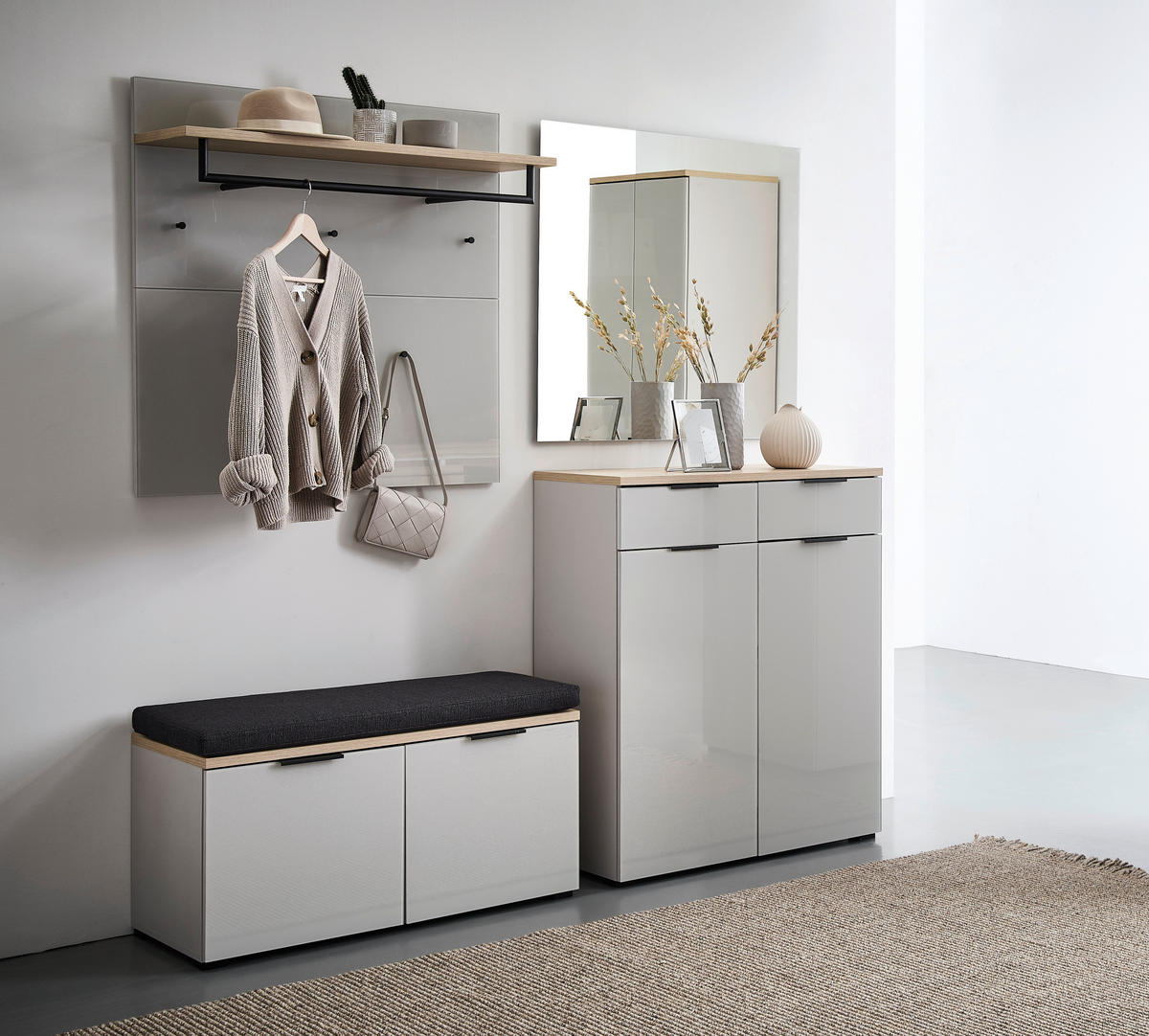 GARDEROBE 5-teilig  in 200/197/40 cm  - Kaschmir/Eichefarben, Design, Glas/Holzwerkstoff (200/197/40cm) - Voleo