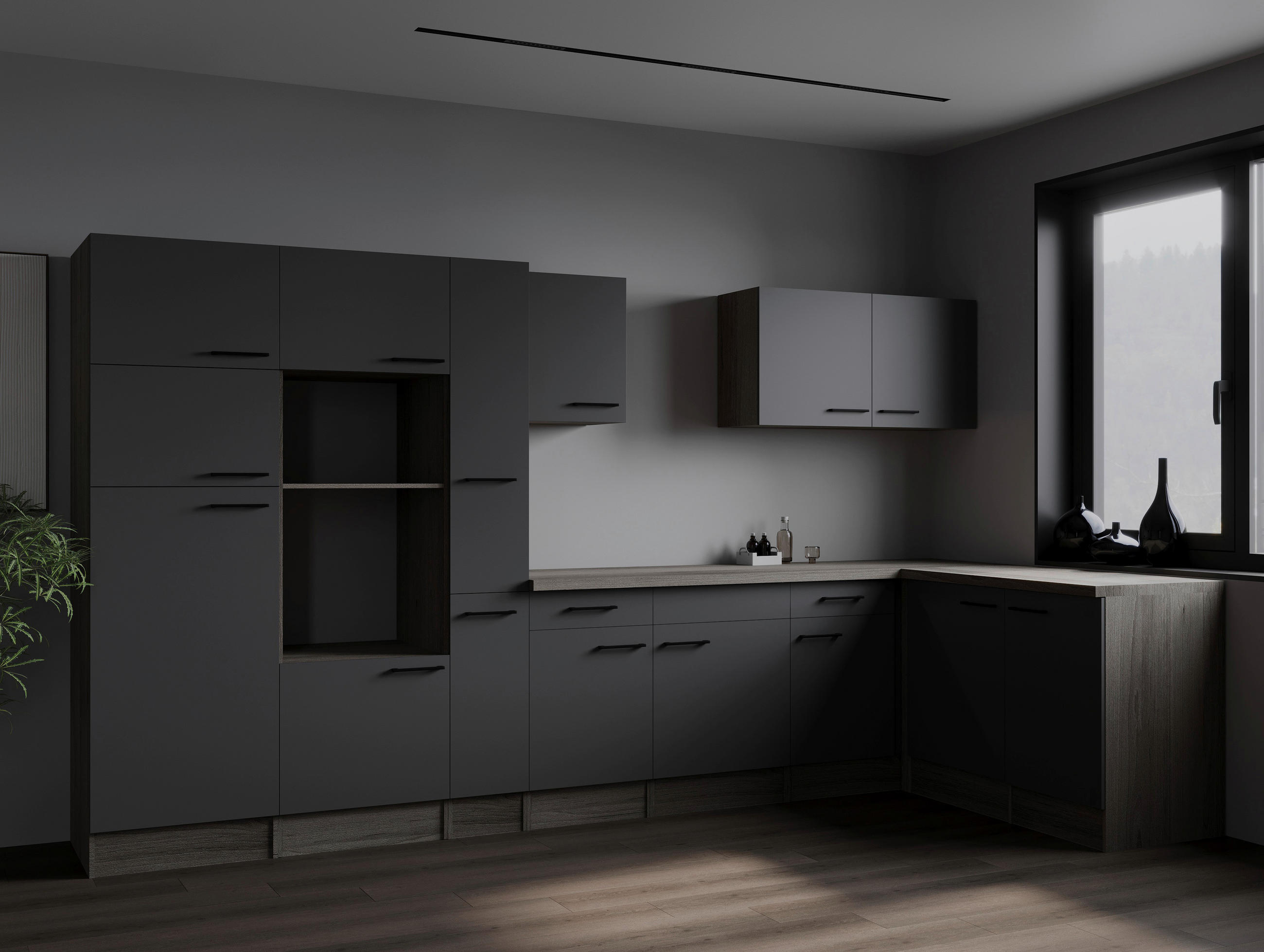ECKKÜCHE 370/172 cm  in Grau, Eichefarben  - Eichefarben/Schwarz, Design, Holzwerkstoff/Metall (370/172cm) - Respekta
