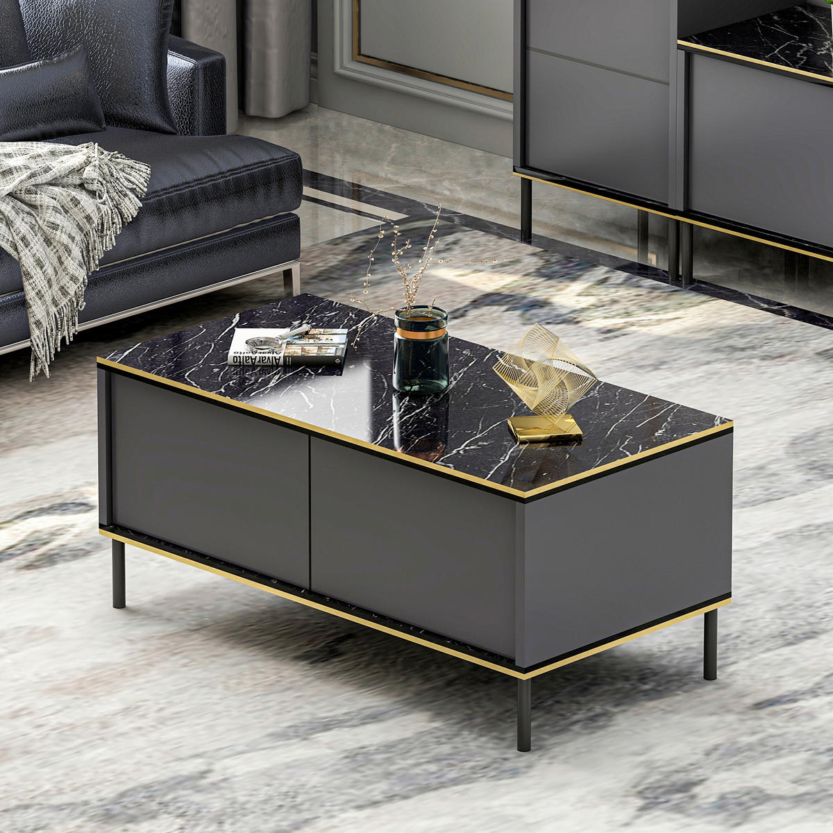 COUCHTISCH Imaj Couchtisch 90/45/40 cm rechteckig Anthrazit, Schwarz  - Anthrazit/Schwarz, Design, Holzwerkstoff/Metall (90/45/40cm) - Livetastic