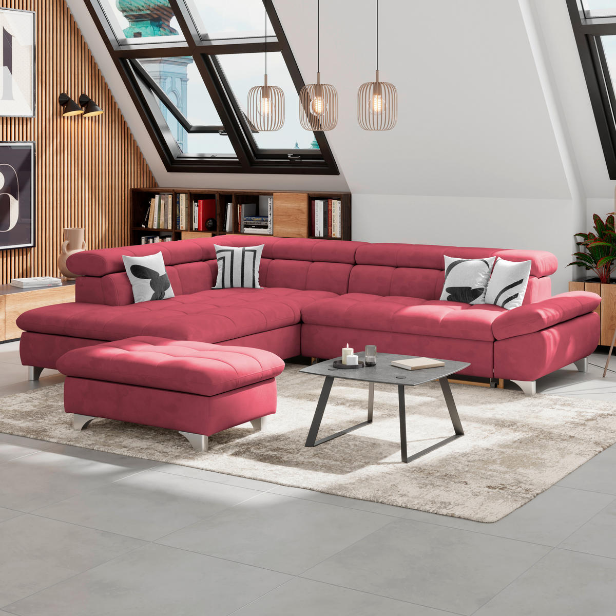 ECKSOFA Rot Chenille  - Chromfarben/Rot, KONVENTIONELL, Textil/Metall (234/312cm) - Livetastic