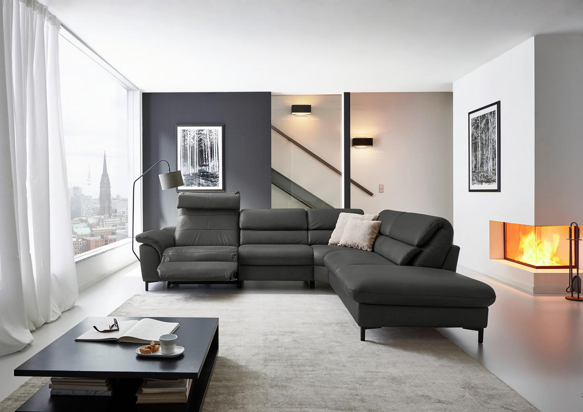 ECKSOFA Valdera Schwarz Echtleder  - Schwarz, Design, Leder/Metall (280/246cm) - Hukla