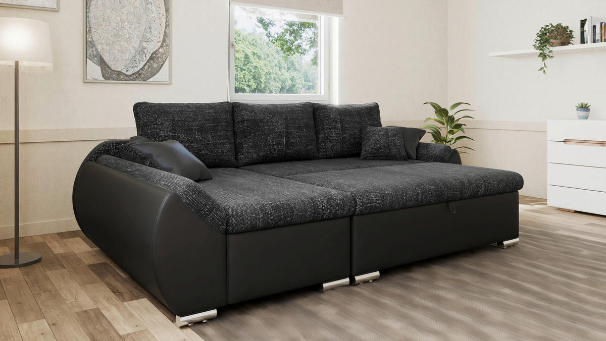 ECKSOFA, inkl. Hocker AURO in Schwarz Rücken echt, Hocker, Stauraum  275/155 cm  - Silberfarben/Schwarz, Design, Kunststoff/Textil (275/155cm) - MID.YOU