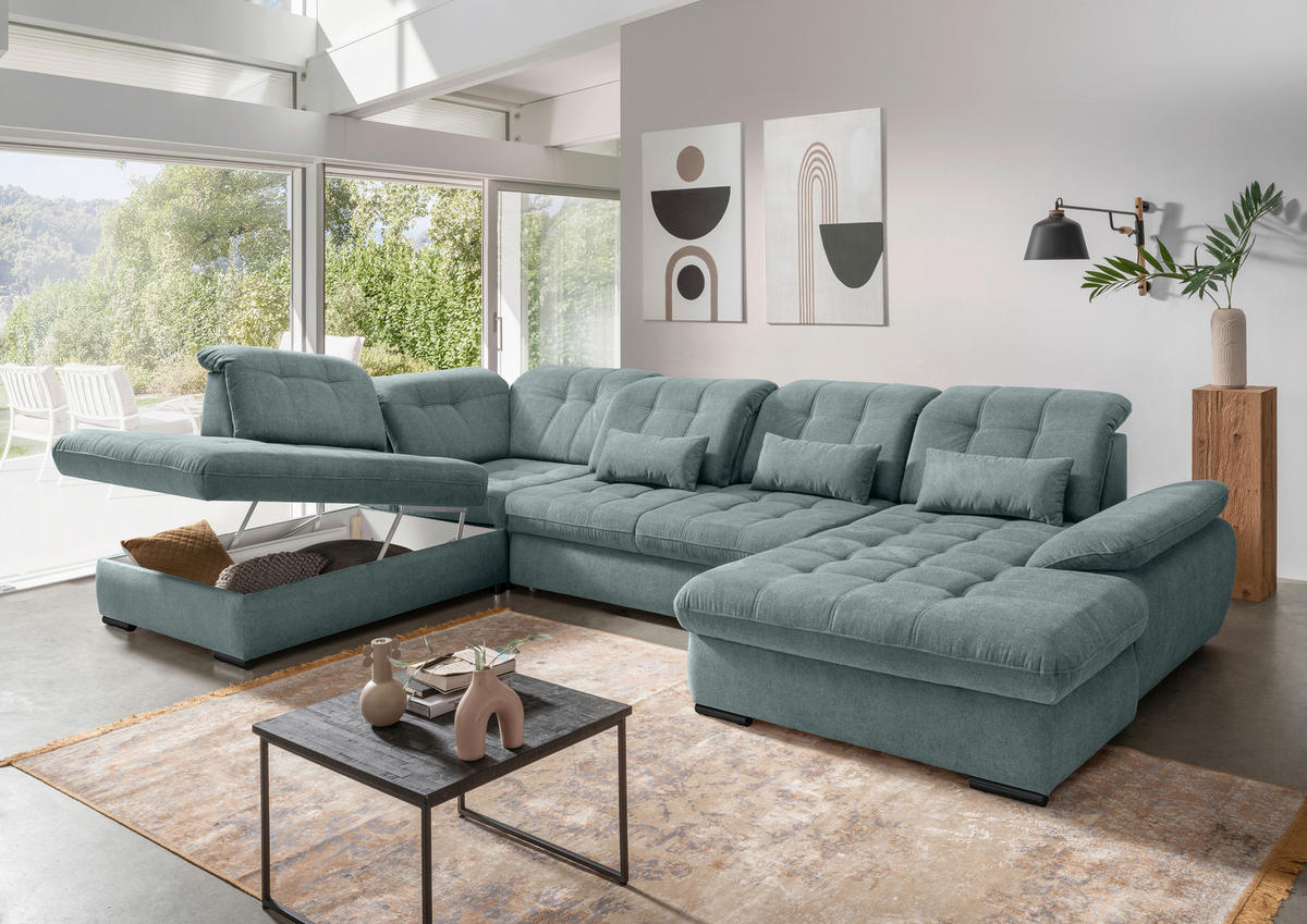 WOHNLANDSCHAFT in Chenille Blau  - Blau/Schwarz, Modern, Textil/Metall (252/387/184cm) - Livetastic