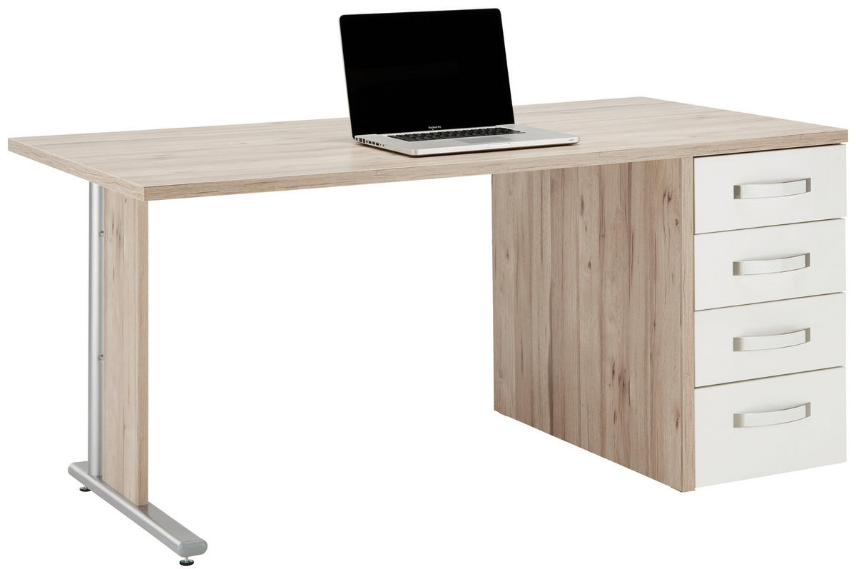 PSACÍ STŮL, bílá, vysoce lesklá bílá, trámové dubové dřevo, 160/72,8/80 cm - bílá/trámové dubové dřevo, Moderní, kov/kompozitní dřevo (160/72,8/80cm) - Premium Living