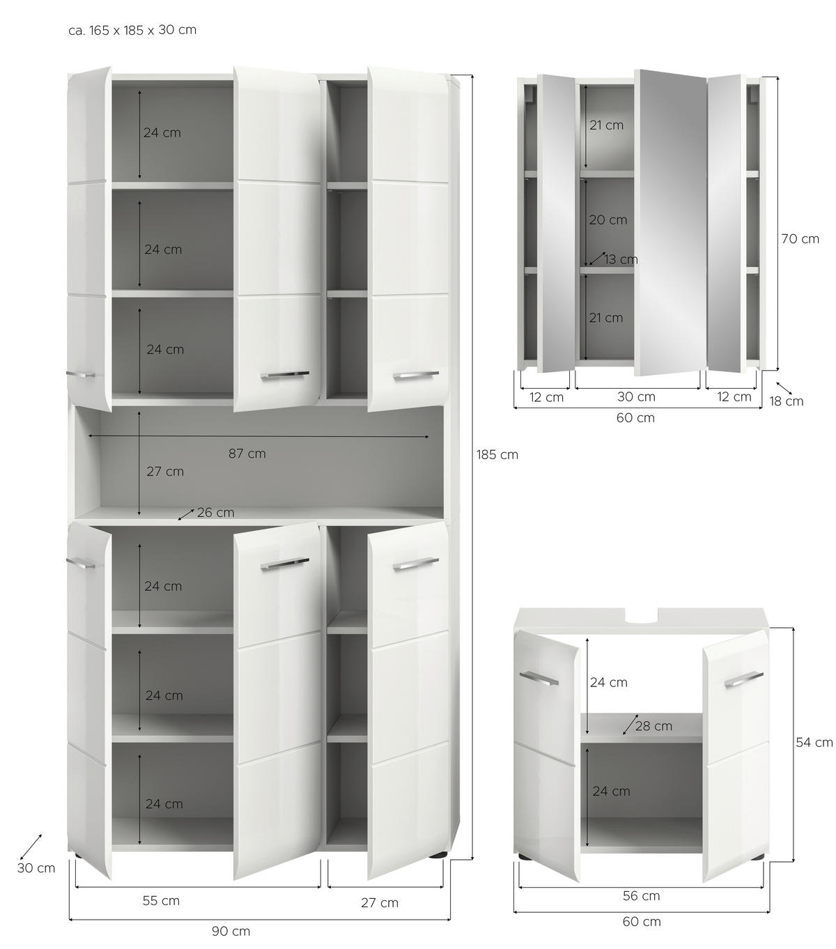 BADEZIMMER 3-teilig  in 150 cm  - Weiß Hochglanz/Silberfarben, MODERN, Holzwerkstoff/Kunststoff (150cm) - MID.YOU