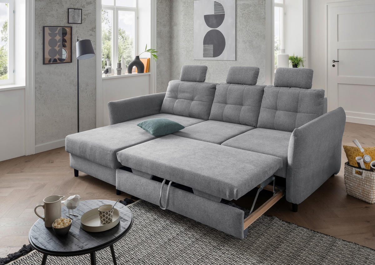 ECKSOFA in Chenille Silberfarben  - Mintgrau/Silberfarben, Modern, Holz/Textil (176/250-280cm) - Livetastic