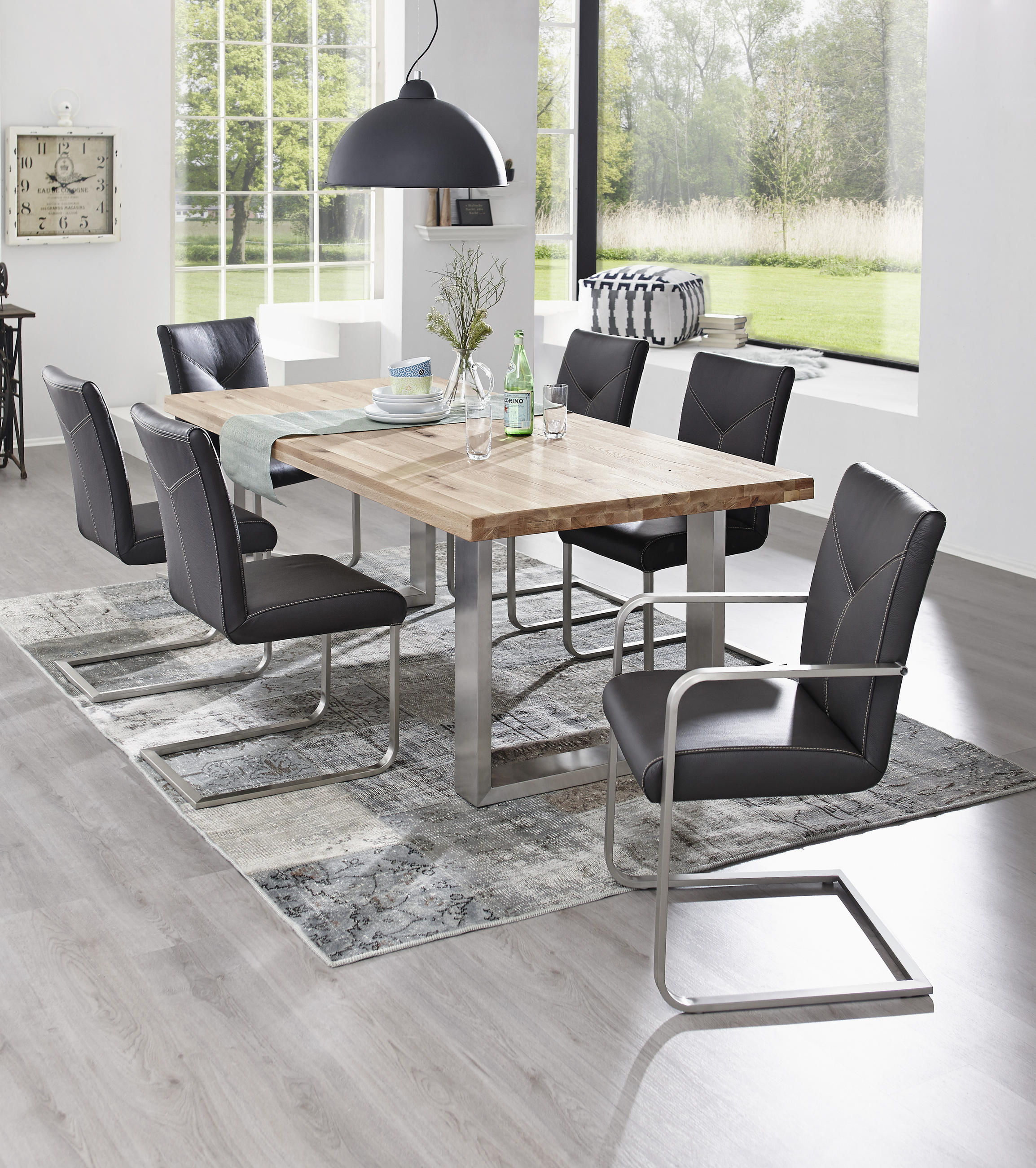 ESSTISCH 200/100/77 cm Wildeiche massiv Holz, Metall Eichefarben, Edelstahlfarben rechteckig - Edelstahlfarben/Eichefarben, Design, Holz/Metall (200/100/77cm) - Novel