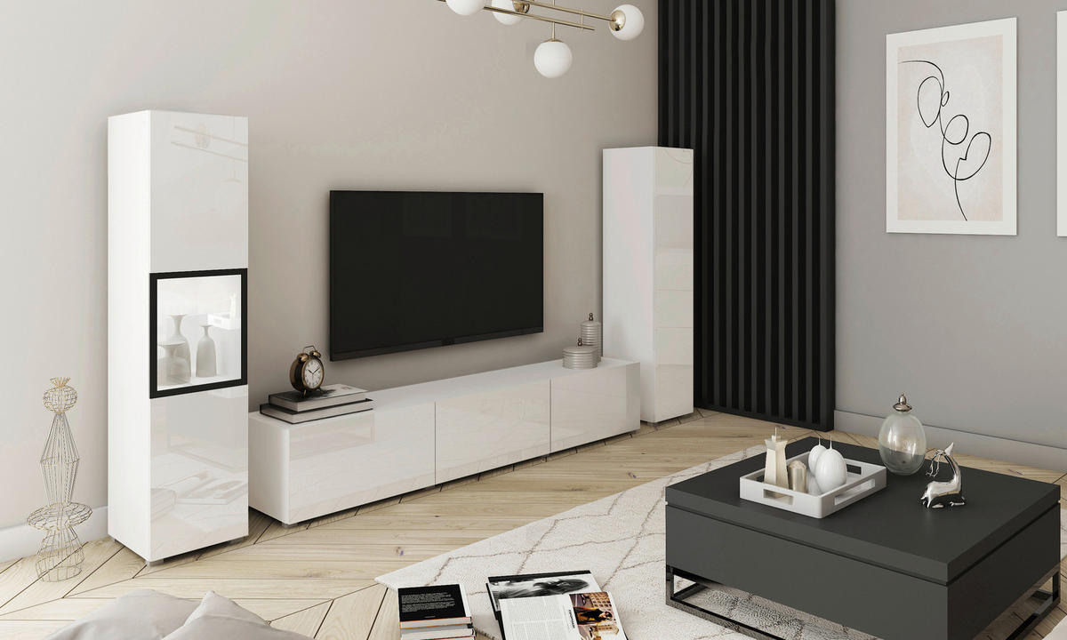 HYLLKOMBINATION 3 delar  i vit, vit högglans  240/130/31 cm  - vit/vit högglans, Design, trämaterial/glas (240/130/31cm) - MID.YOU