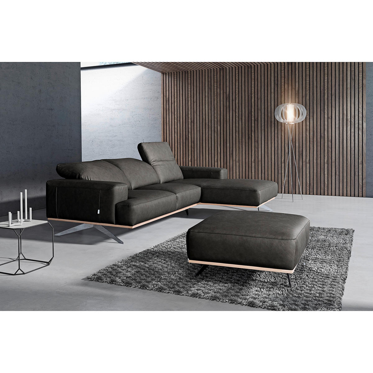 ECKSOFA  in Echtleder Schwarz  295/187 cm  - Chromfarben/Schwarz, Design, Leder/Metall (295/187cm) - Livetastic