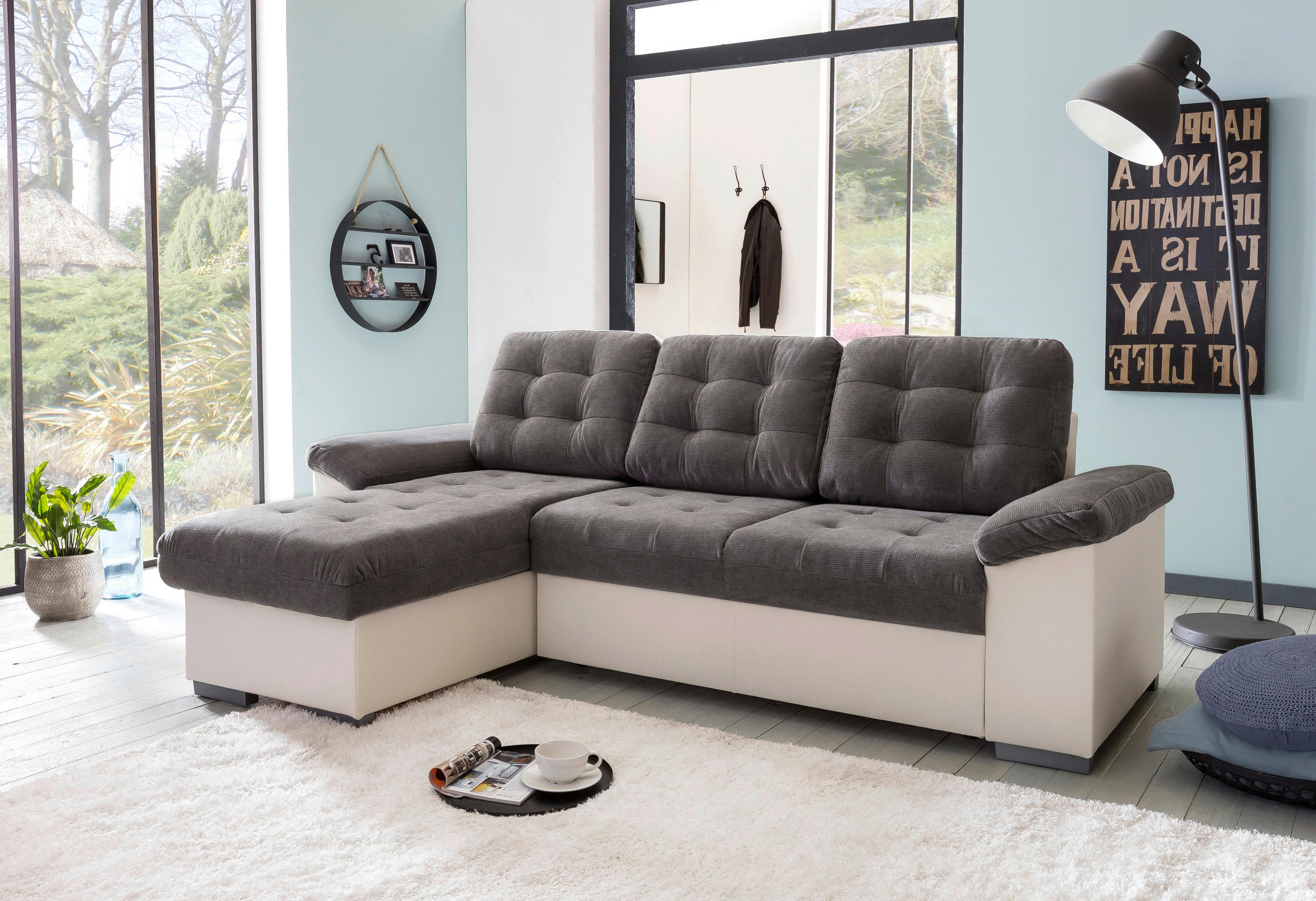 ECKSCHLAFSOFA Creme, Dunkelgrau Mikrofaser  - Dunkelgrau/Creme, MODERN, Kunststoff/Textil (148/232cm) - MID.YOU