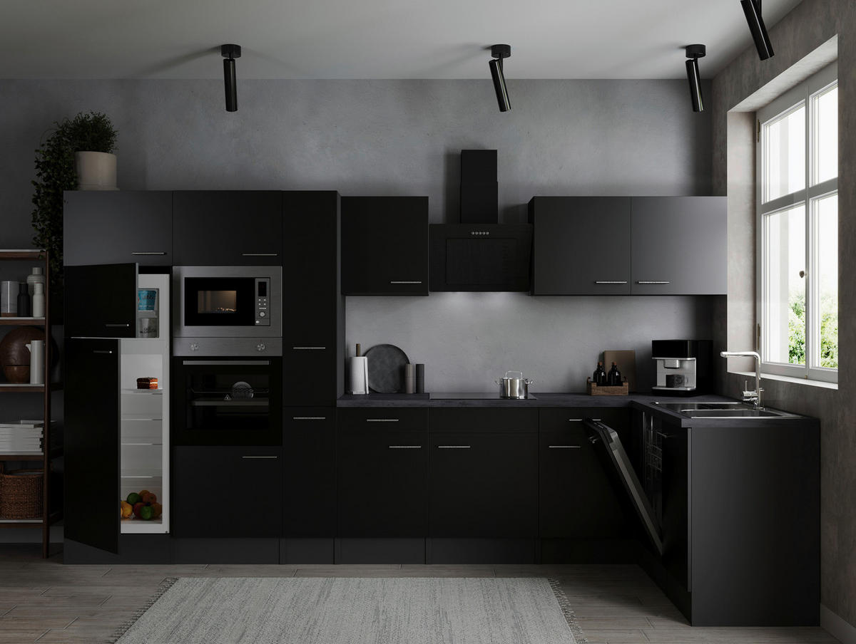 ECKKÜCHE 370/172 cm  in Grau, Schwarz  - Silberfarben/Schwarz, Design, Holzwerkstoff/Metall (370/172cm) - Respekta