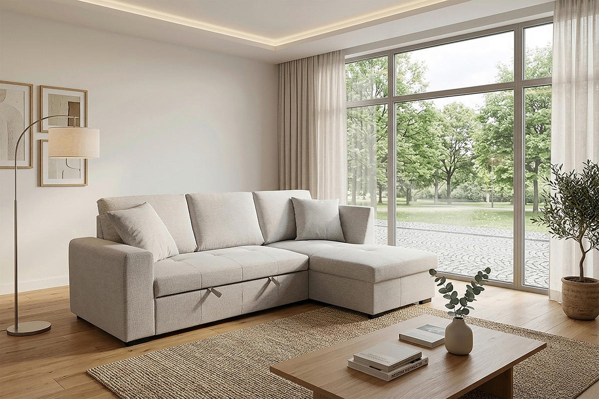 ECKSOFA LUKAS Silberfarben Struktur Zierkissen, Bettkasten  - Silberfarben, Trend, Textil (239/158cm) - P & B