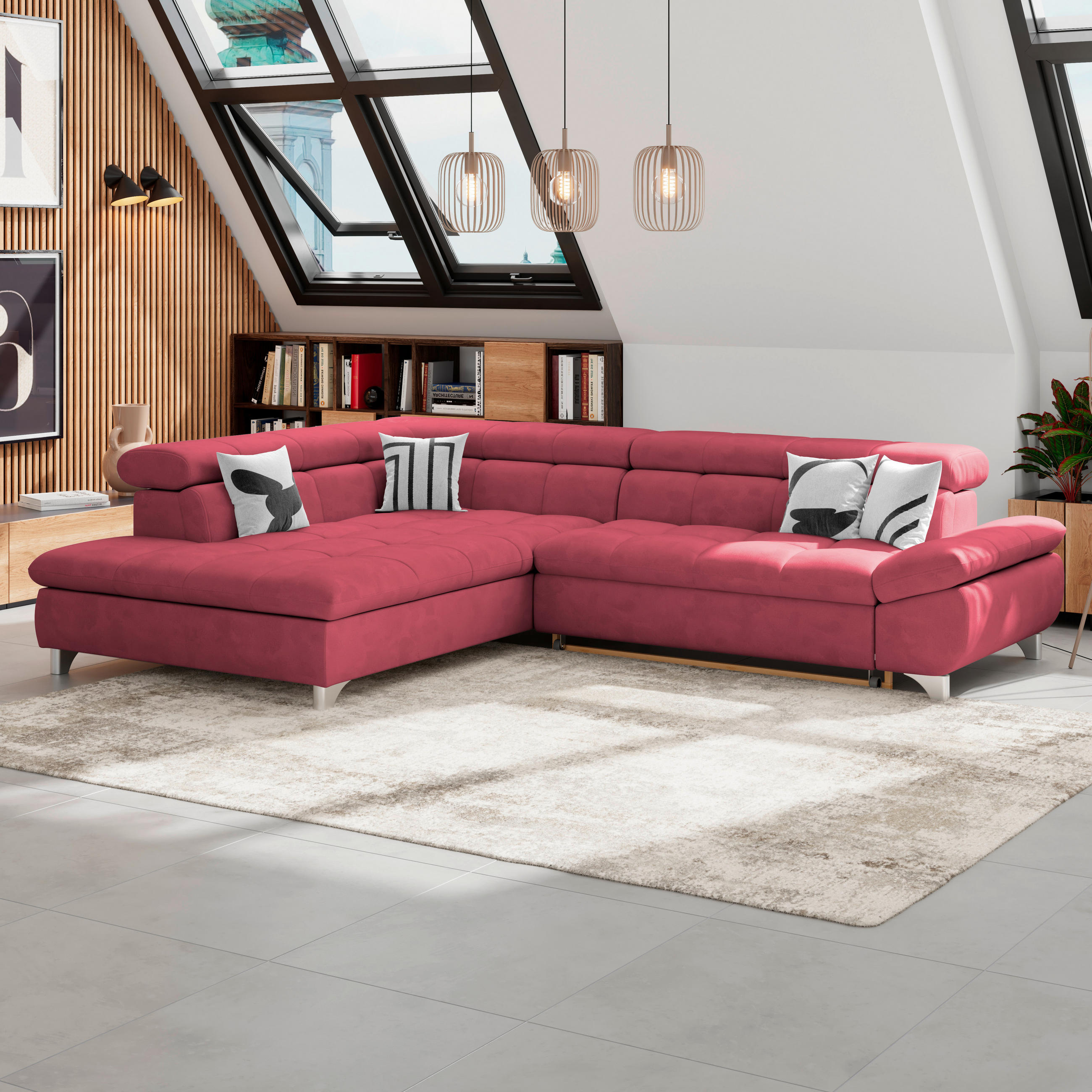 ECKSOFA Rot Chenille  - Chromfarben/Rot, KONVENTIONELL, Textil/Metall (234/312cm) - Livetastic