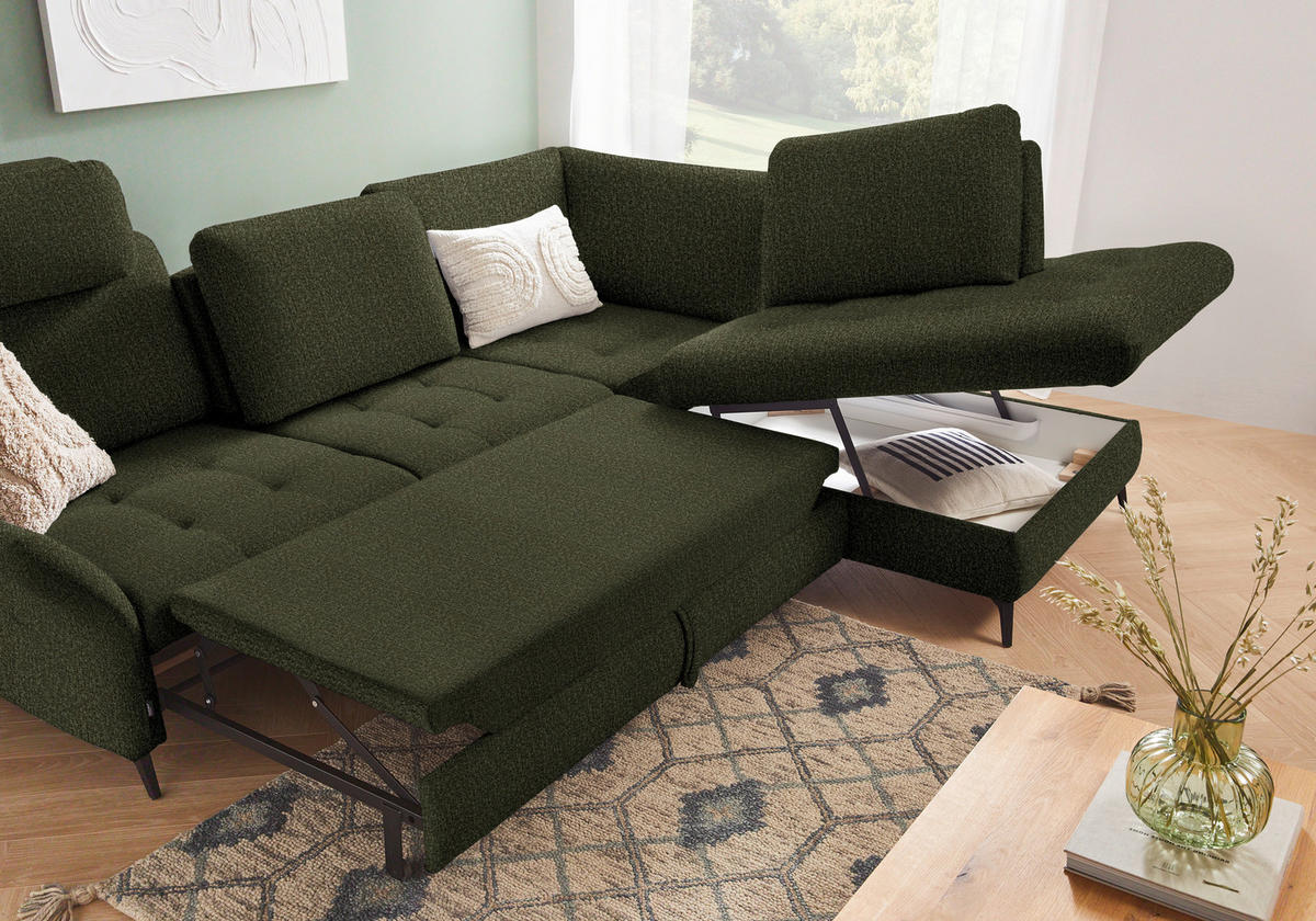 ECKSOFA in Struktur Olivgrün  - Schwarz/Olivgrün, Natur, Textil/Metall (288/233cm) - Valnatura