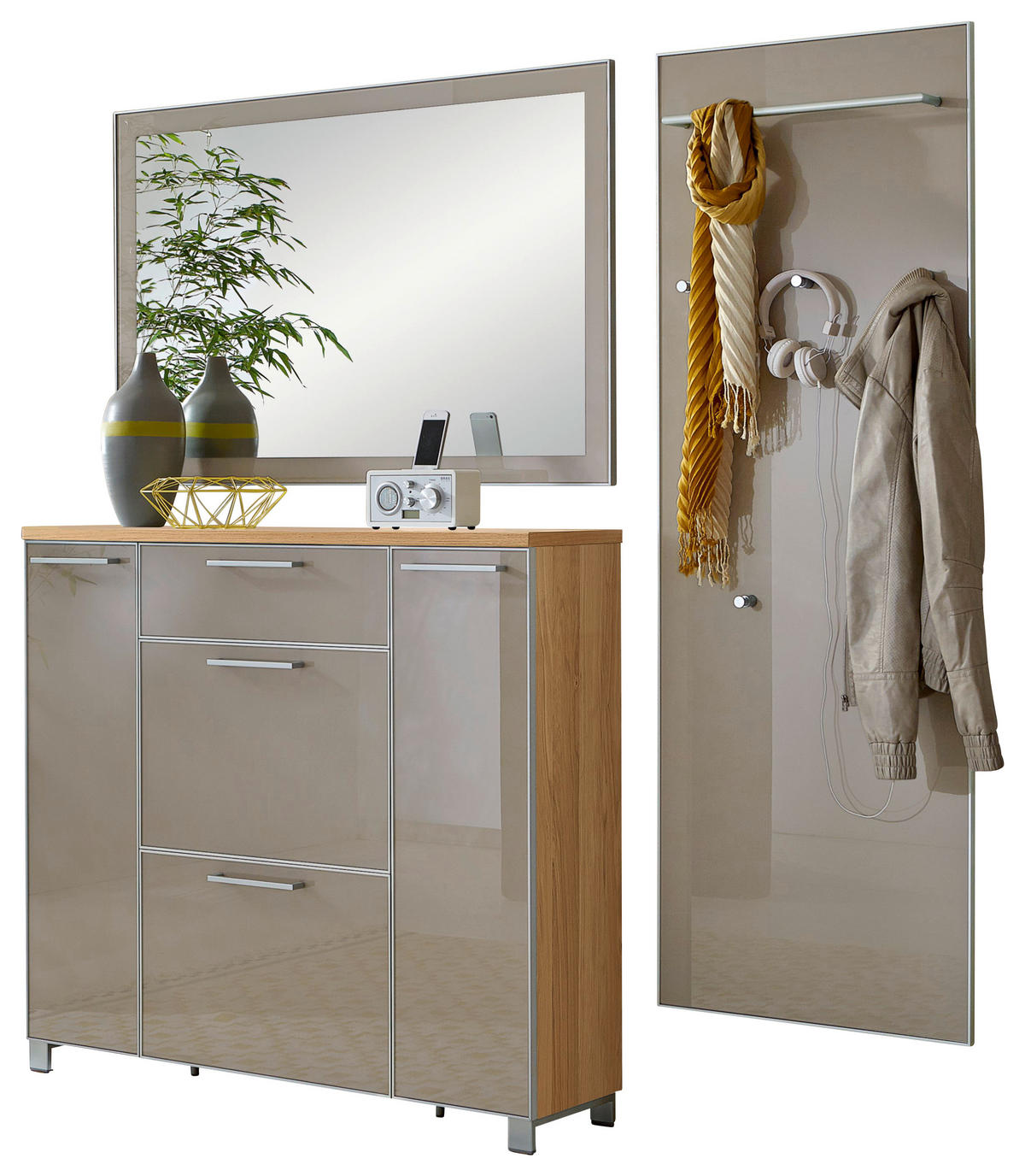 GARDEROBE 3-teilig  in 190/195/31 cm  - Taupe/Eichefarben, Design, Glas/Holz (190/195/31cm)