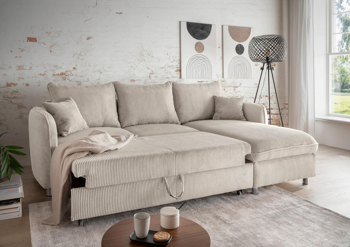 ECKSCHLAFSOFA in Cord Beige  - Chromfarben/Beige, Modern, Textil/Metall (254/160cm) - Livetastic