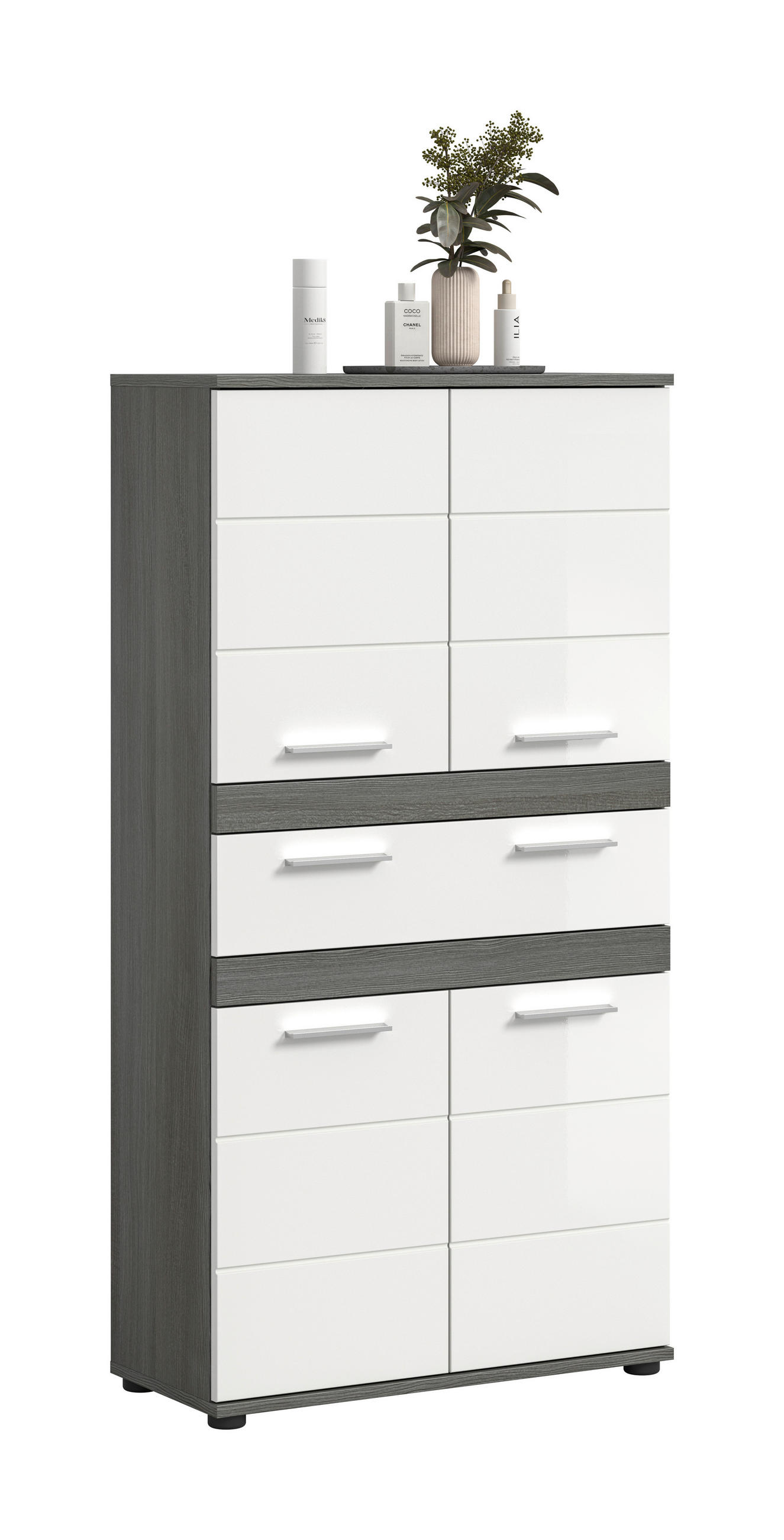 Mid.you Midischrank Blake Silbereichen, Weiß Hochglanz 70x137x31 cm